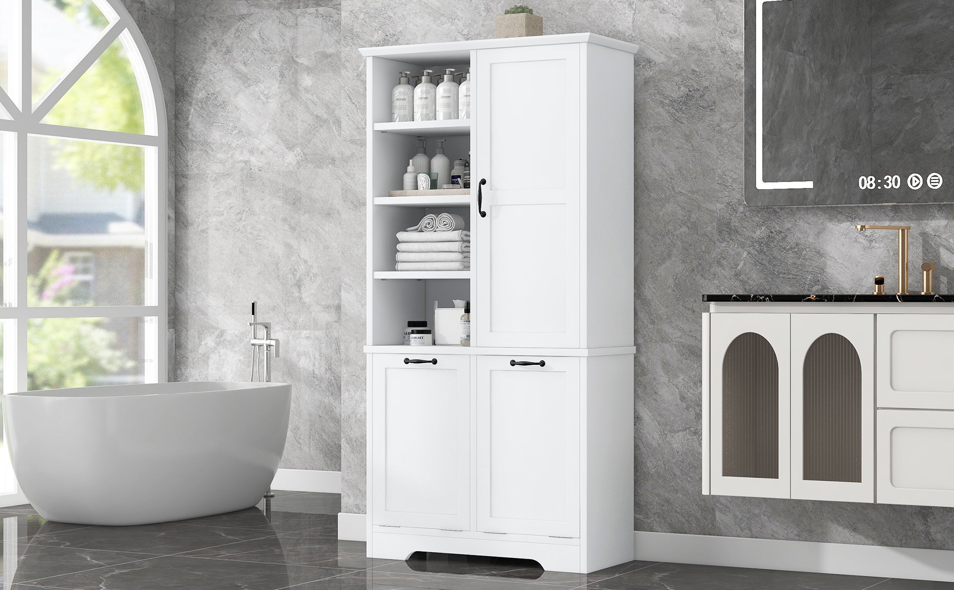 Bathroom Storage Cabinet With Doors And Drawers, Tilt Out Laundry Hamper, Multiple Storage Space, Freestanding Style, Open Shelve, Adjustable Shelf, White White Mdf