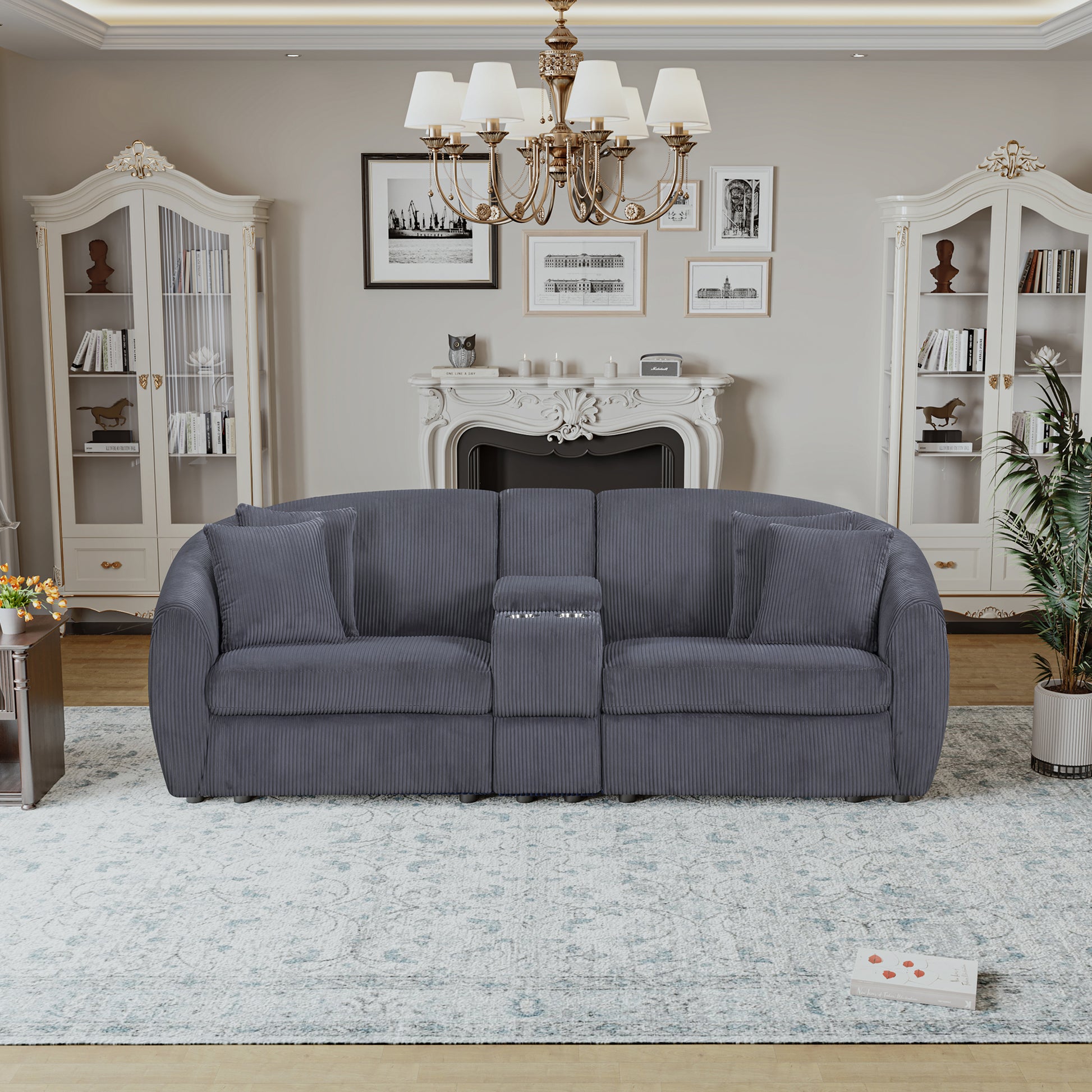 United We Win Corduroy Fabric, Two Cup Holders, Storage, Oversized Two Seat, Solid Wood Frame, High Quality Sponge Filling, Curved Placement Sofa Dark Gray Corduroy 2 Seat