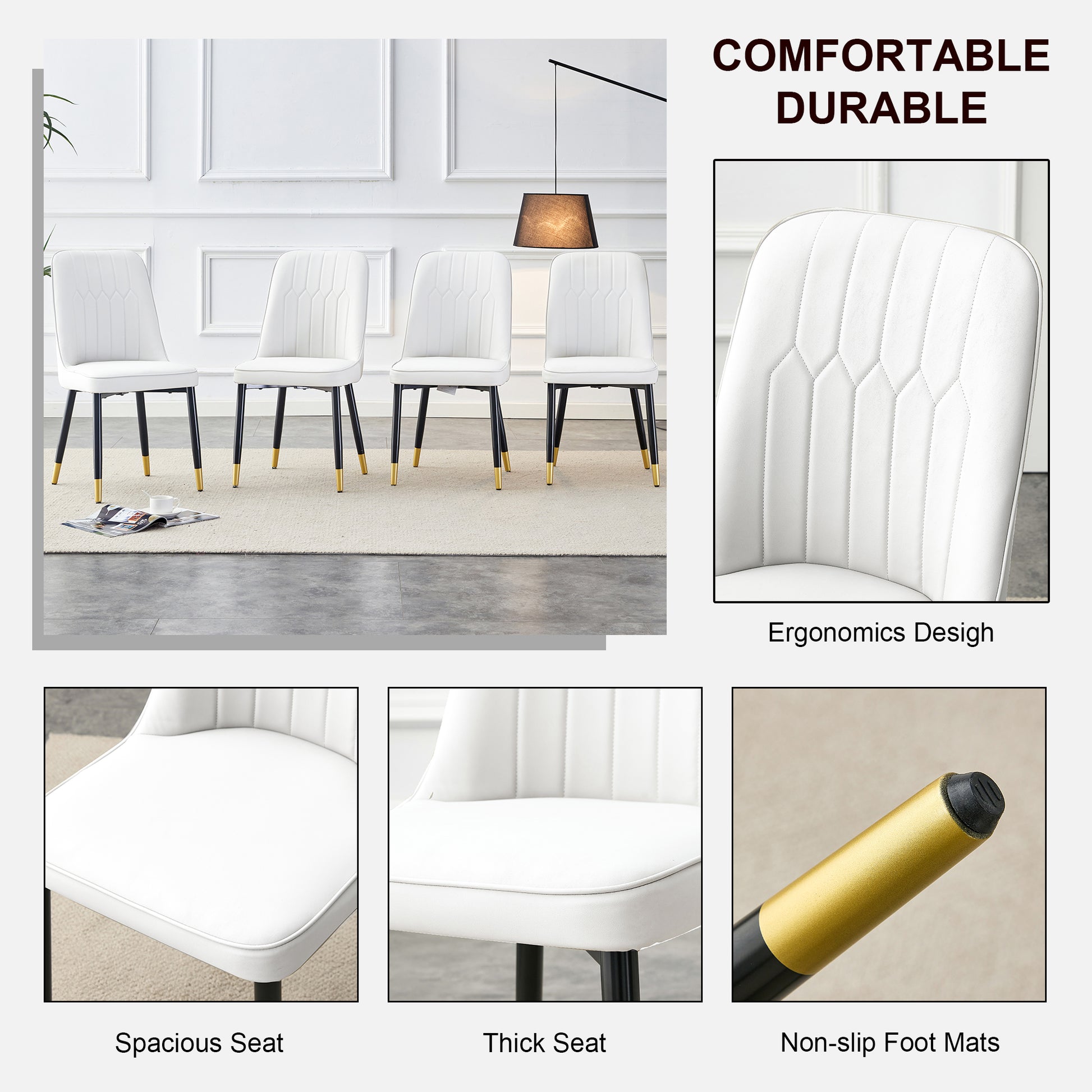 Table And Chair Set.A Morden Table With White Imitation Marble Patterned Stone Burning Tabletop With Golden Metal Legs.Paried With 4 Chairs With Pu Leather Backrest And Black Metal Legs. Black,White Gold Seats 4 Metal,Sintered Stone