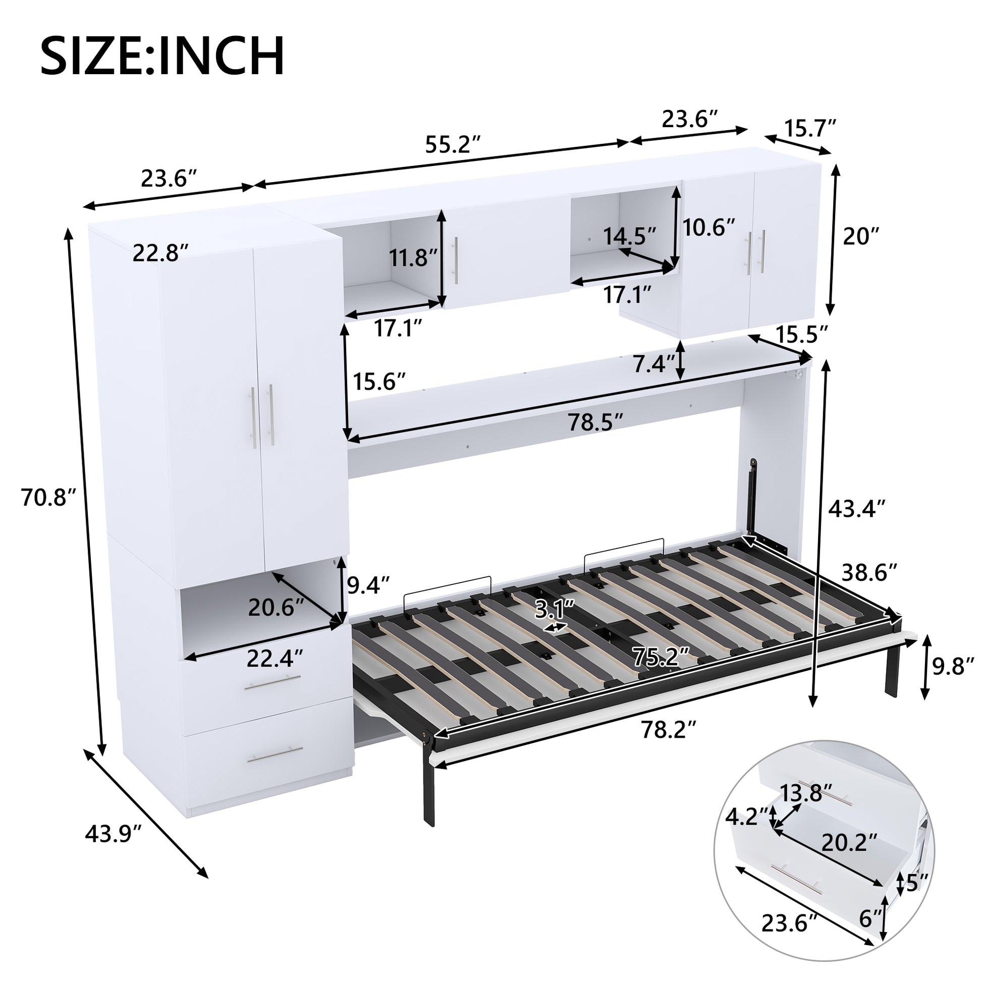 Twin Size Murphy Bed With Open Shelves And Storage Drawers,Built In Wardrobe And Table, White Twin White Solid Wood Mdf