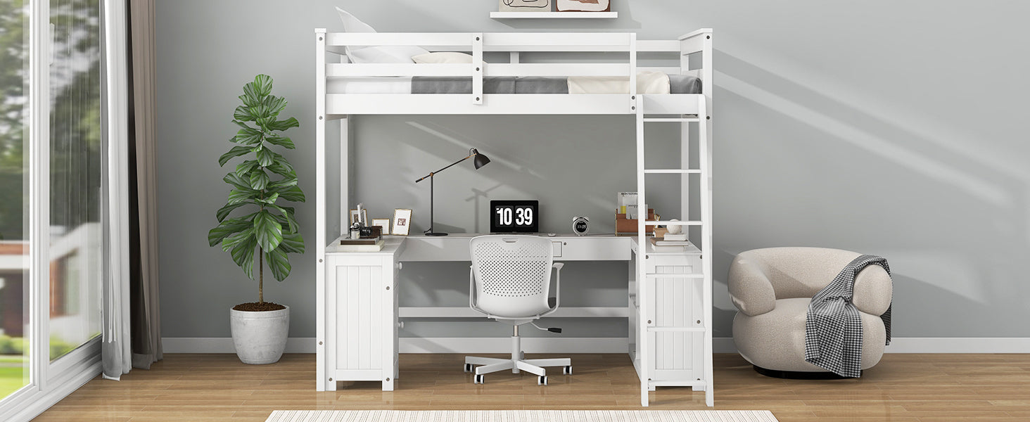 Full Size Loft Bed With U Shaped Desk, Drawers And Storage Shelves, White Box Spring Not Required Full White Wood Bedroom Solid Wood Mdf