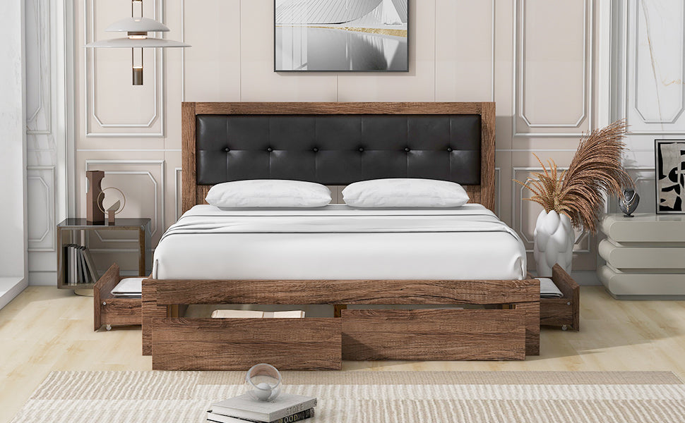 Queen Size Wood Platform Bed With Upholstered Headboard And 4 Drawers Box Spring Not Required Queen Walnut Wood Bedroom Bed Frame Faux Leather Solid Wood Mdf