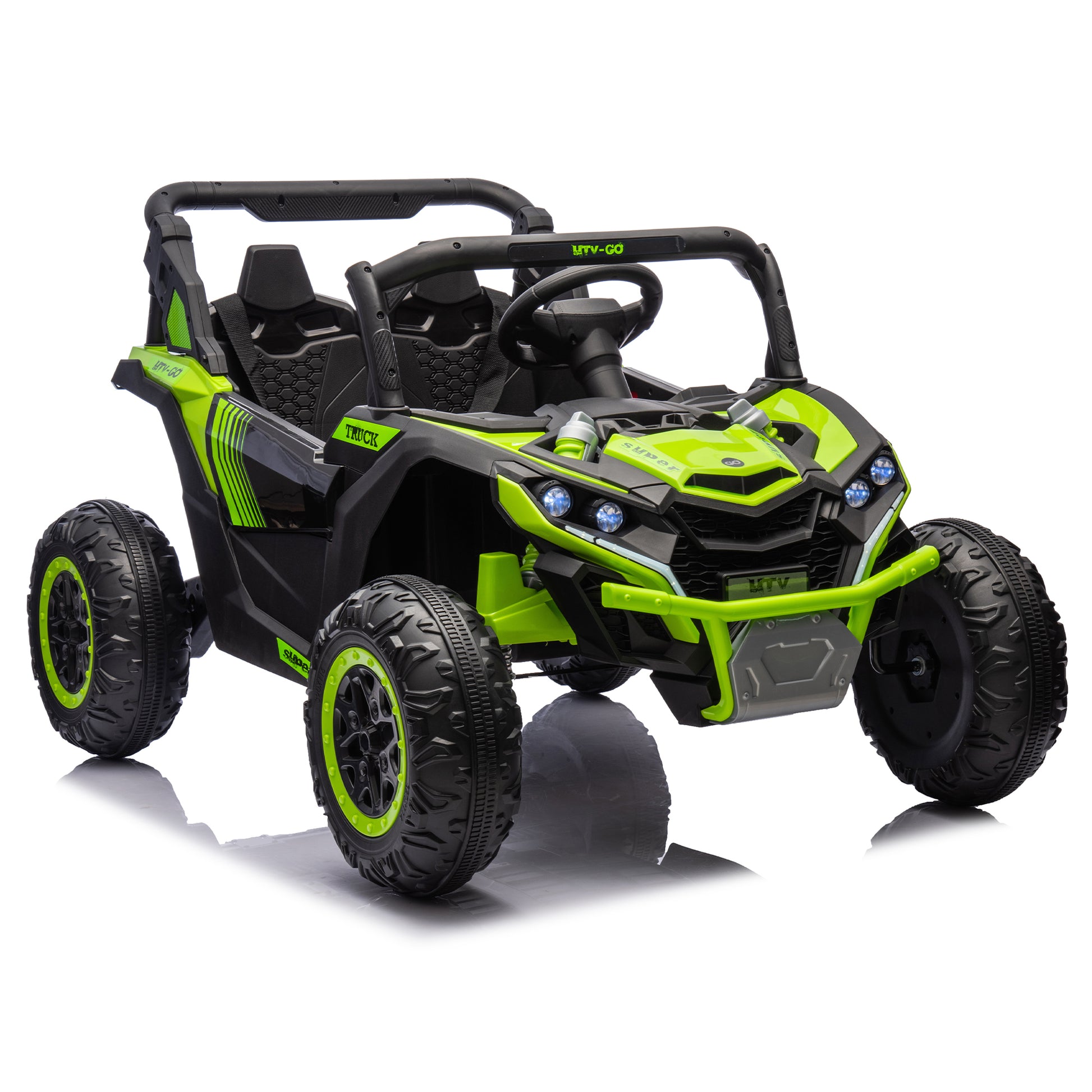 24V Two Seater Kids Ride On Utv W Parents Remote Control,Four Wheel Suspension,Slow Start,Large Wheel Design,Anti Collision Bar,Storage Space,Music,Usb,Bluetooth,Volume Control,Led Lights For Kids 3 . Green 100 149 Lbs Polypropylene