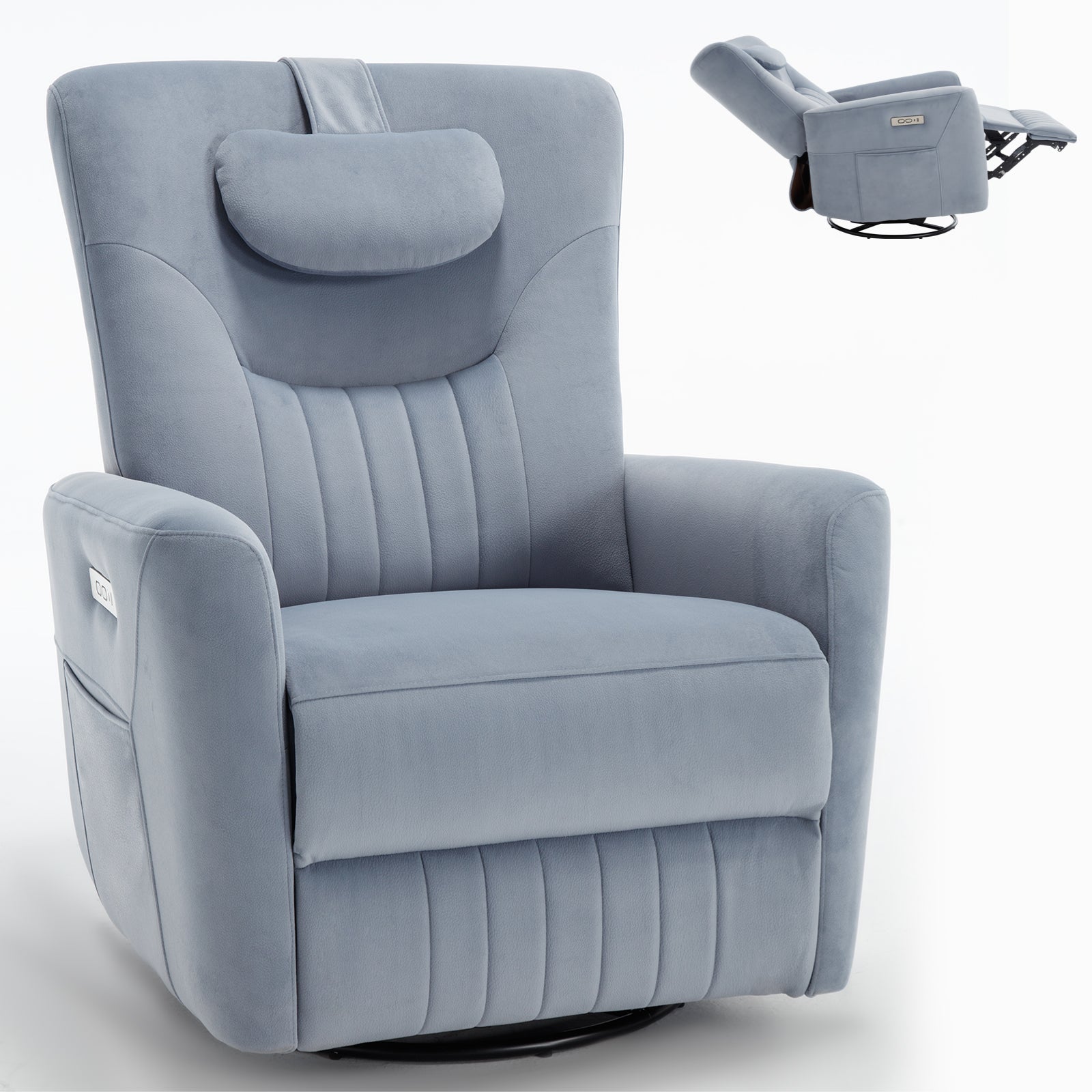 Blue Swivel And Rocker Power Recliner Chair With Lumbar And Neck Support Pillow, Heavy Duty Motion Mechanism With Usb And Type C Ports Blue Polyester Power Push Button Metal Primary Living Space Medium Firm Tight Back Heavy Duty American Design Pine