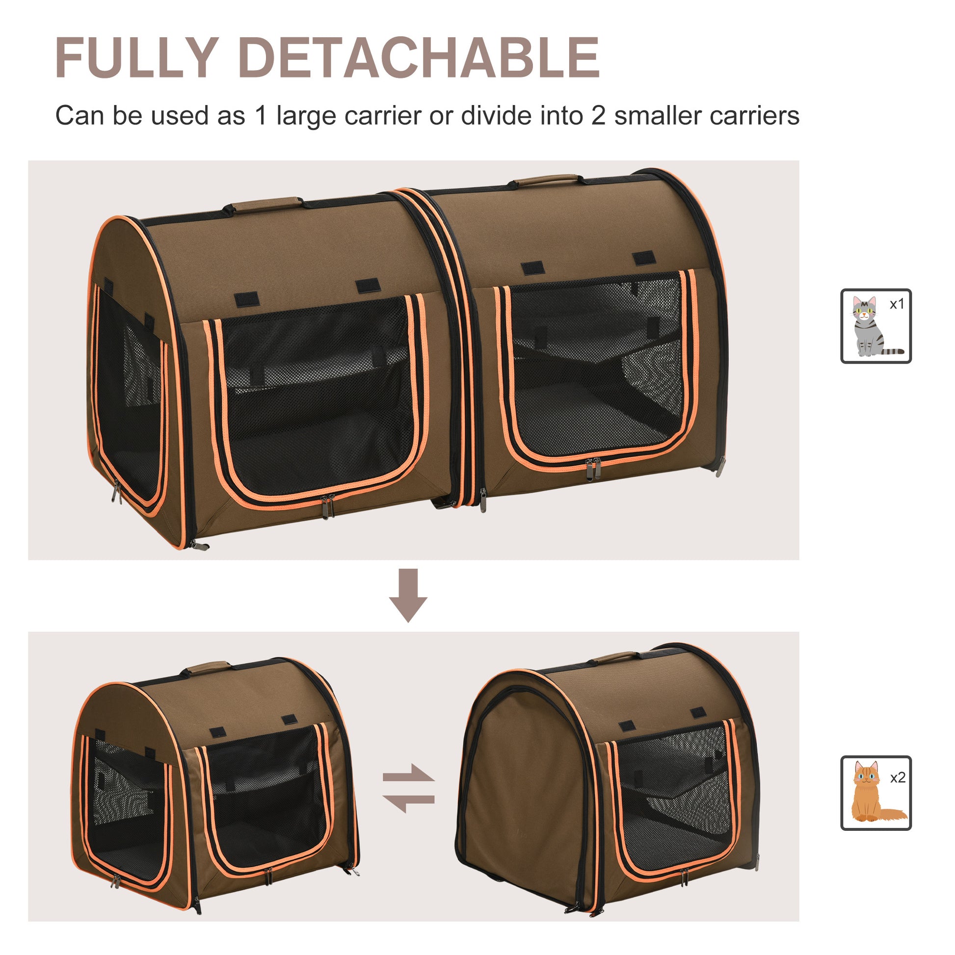 Pawhut 39" Portable Soft Sided Pet Cat Carrier With Divider, Two Compartments, Soft Cushions, & Storage Bag, Brown Brown Polyester