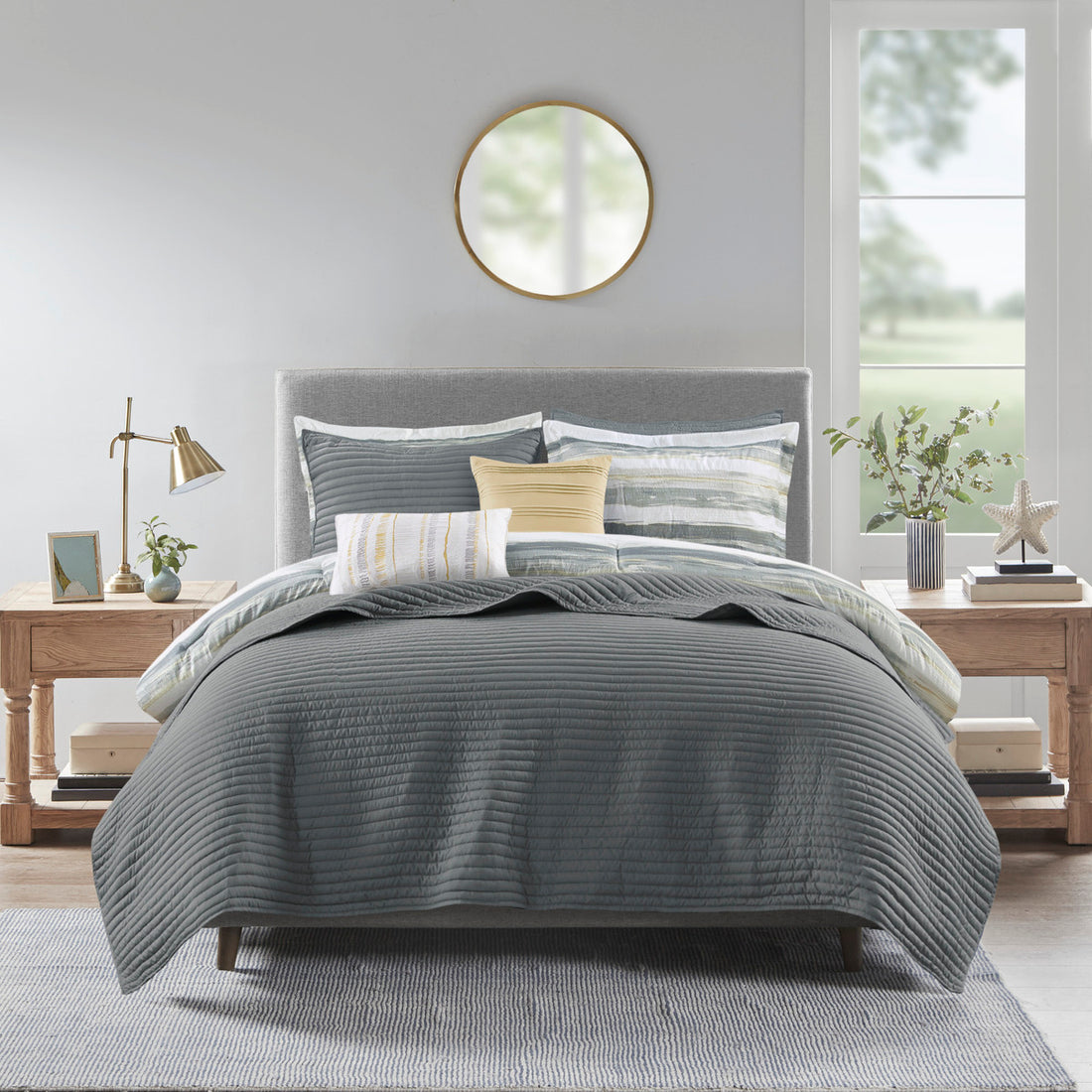 8 Piece Printed Seersucker Comforter And Quilt Set Collection Yellow King Cal King King Yellow Polyester
