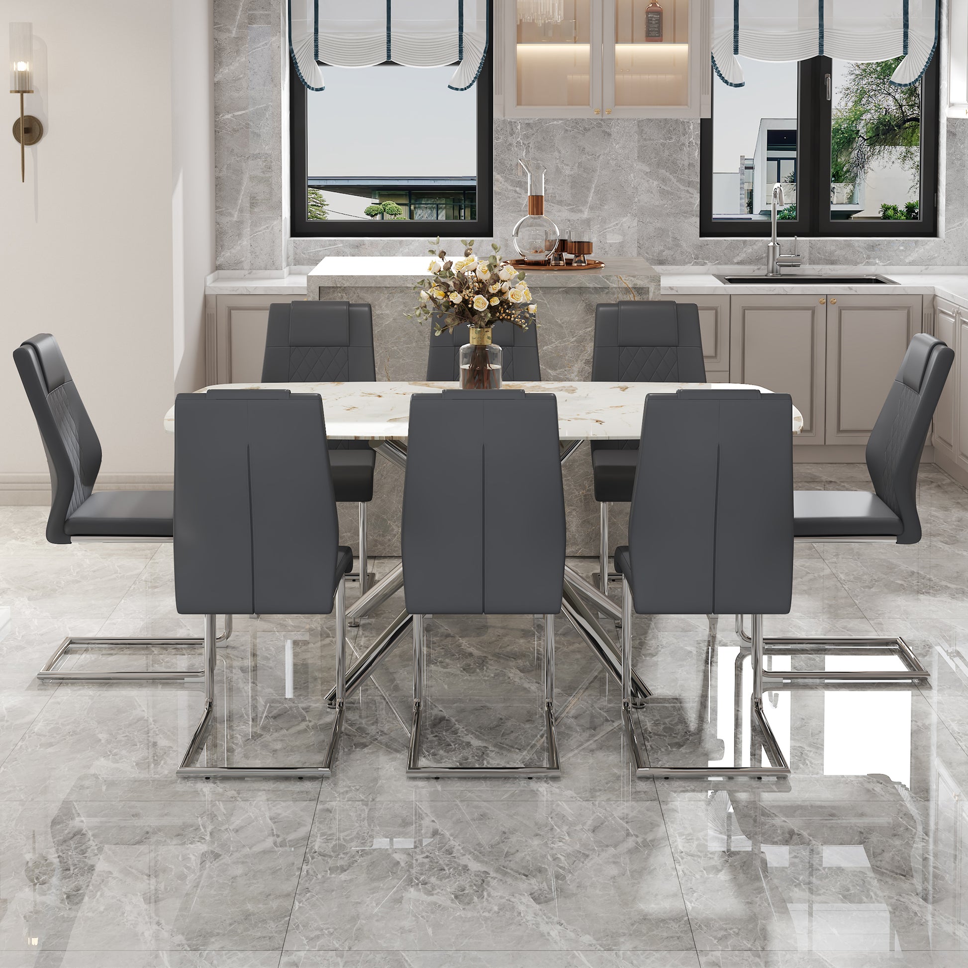 Table And Chair Set.Modern Luxurious White Marble Patterned Tempered Glass Dining Table With 8 Chairs.Single Fork Silver Metal Table Legs.Dark Gray Pu Dining Chairs With Silver Metal Legs. Dark