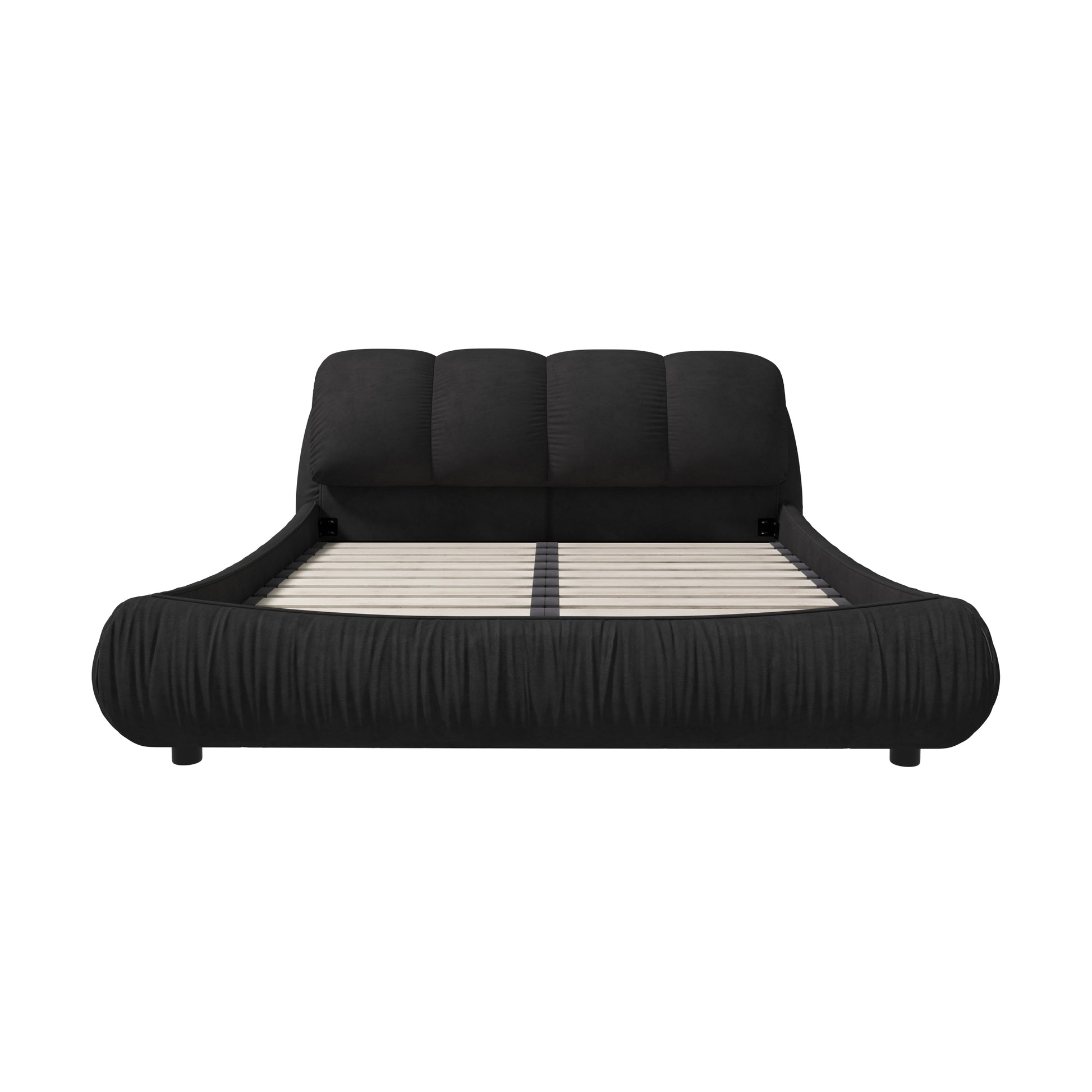 King Size Upholstered Platform Bed With Oversized Padded Backrest, Thickening Pinewooden Slats And Solid Wood Leg,Black Box Spring Not Required King Black Wood Pine Polyester Solid Wood