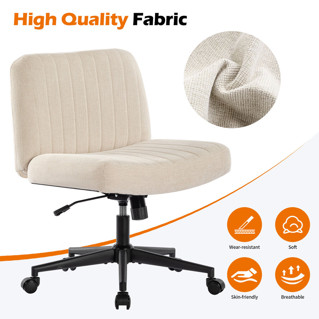 Office Chair With Wheels, Armless Office Chair, Linen Wide Seat Home Office Chair, Cute Computer Chair With 15 Swing Backrest, Suitable For Bedrooms And Dressing Tables Wood Beige Handle Linen