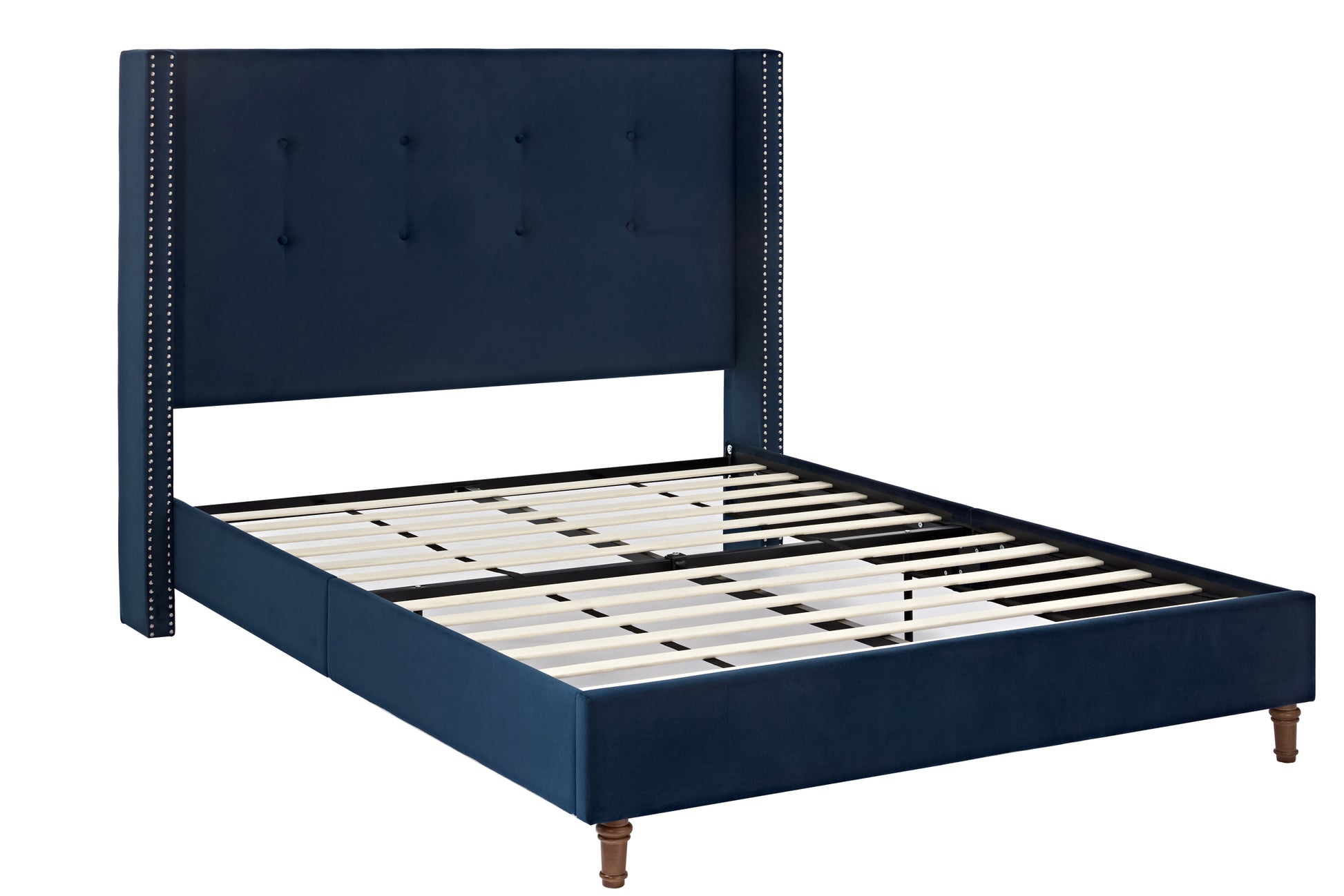 Peyton Upholstered Queen Bed 54" High Headboard Traditional Hand Buttoned Tufting Trim Wingback No Box Spring Needed Easy Assembly Blue Velvet Box Spring Not Required Queen Blue Metal Brown Bedroom Classic,European,Modern,Traditional Oak Bed Frame Foam