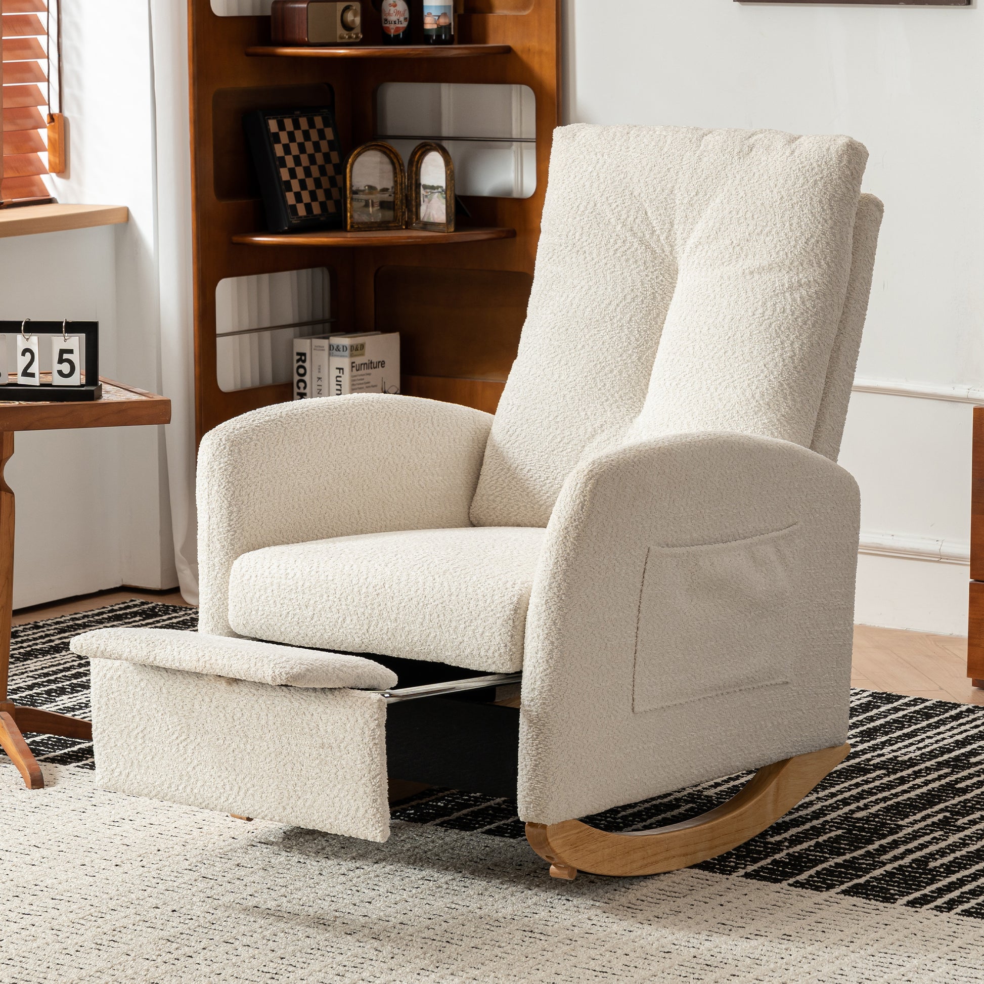 Accent Rocking Chair With Footrest High Back Rubber Wood Rocking Legs Bedroom Living Space Beige Wood