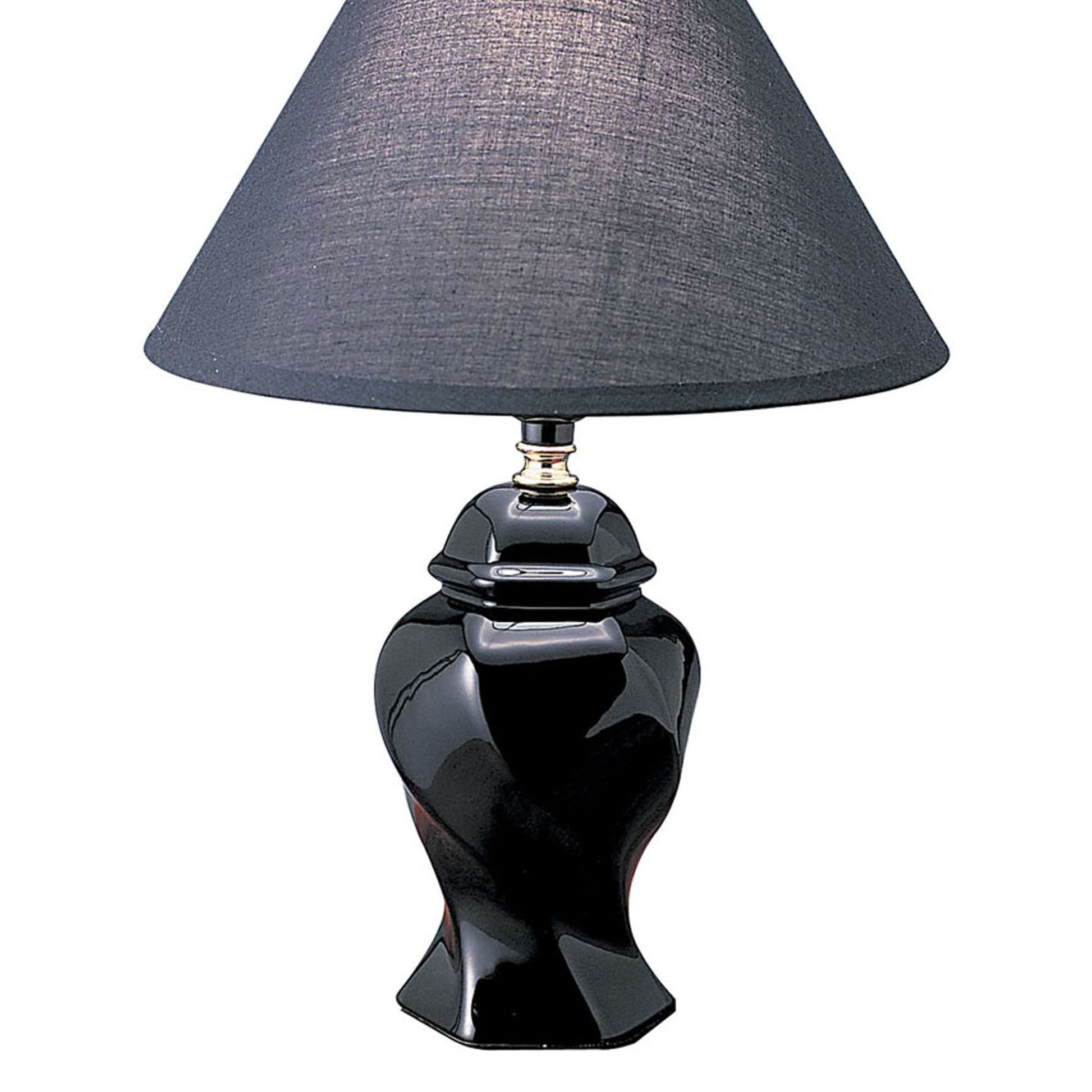 13" Tall Ceramic Table Lamp, Urn Shaped With Black Finish, Linen Shade Black Ceramic