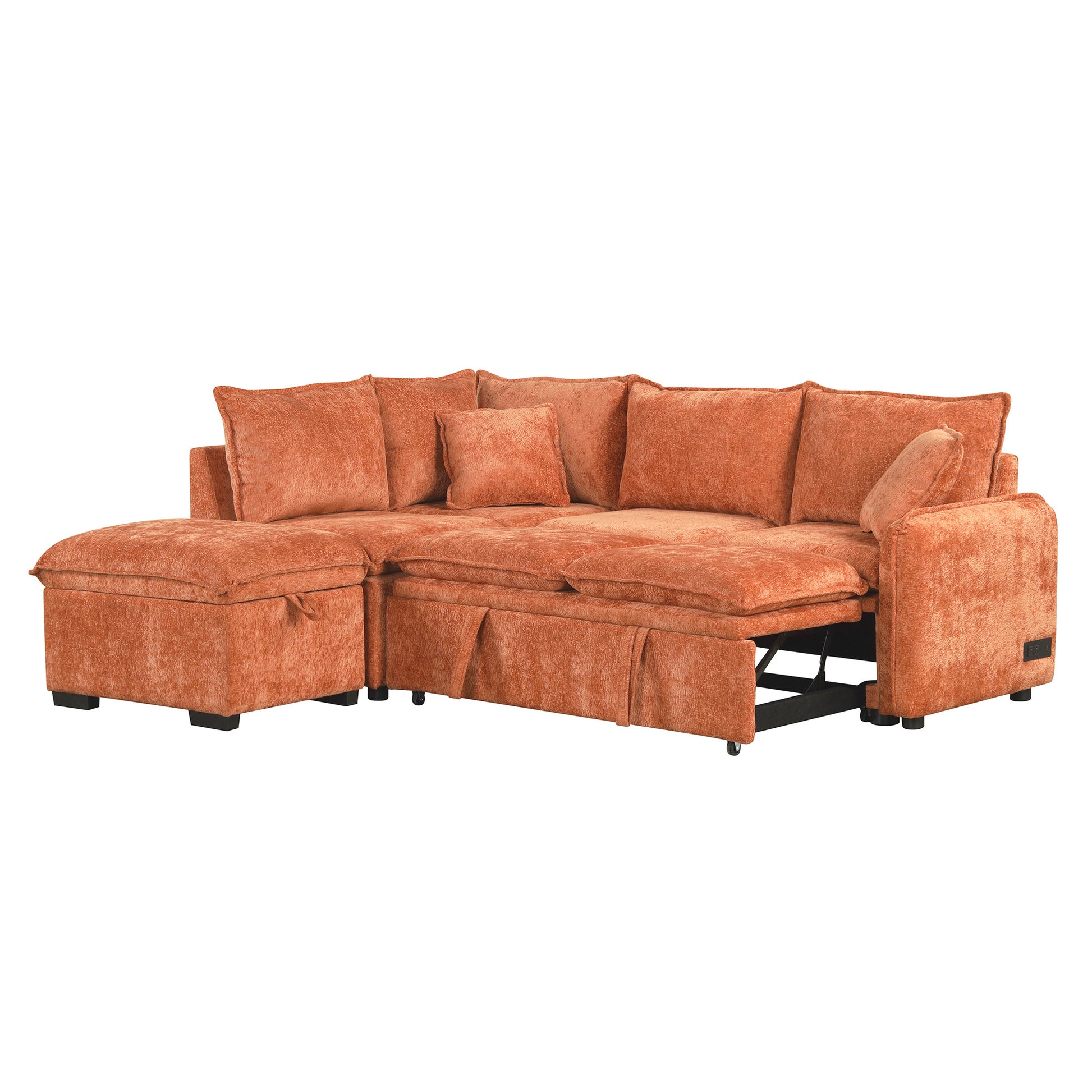 82.67"Convertible Sofa Bed Sectional Sofa Sleeper L Shaped Sofa With A Storage Ottoman,Two Pillows, Two Power Sockets And Two Usb Ports For Living Room, Orange Orange Foam Chenille 4 Seat