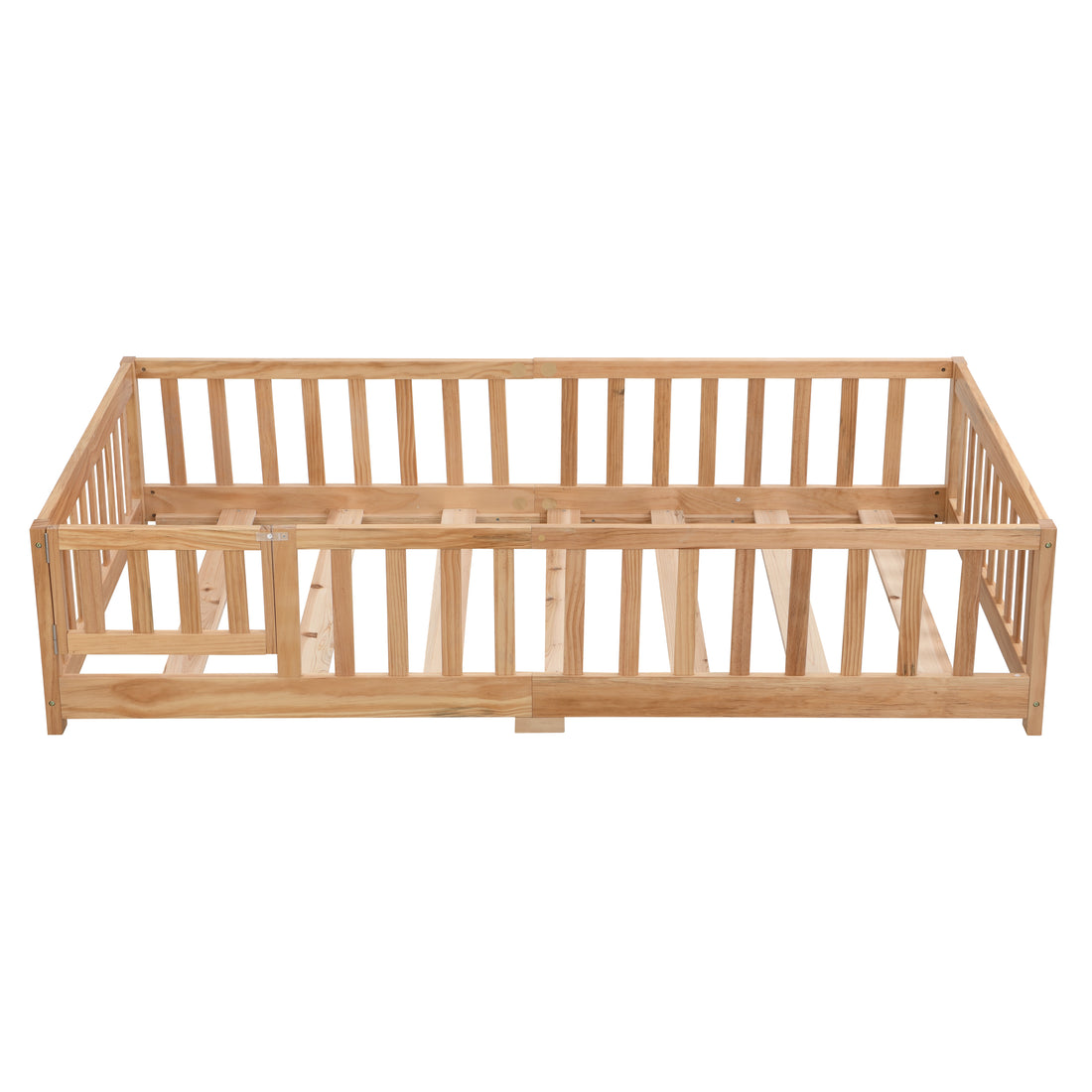 Full Size Floor Bed With Door,Solid Wood Platform Bed Frame With Fence,Suitable For Children,Pine Wood,Natural Full Natural Wood