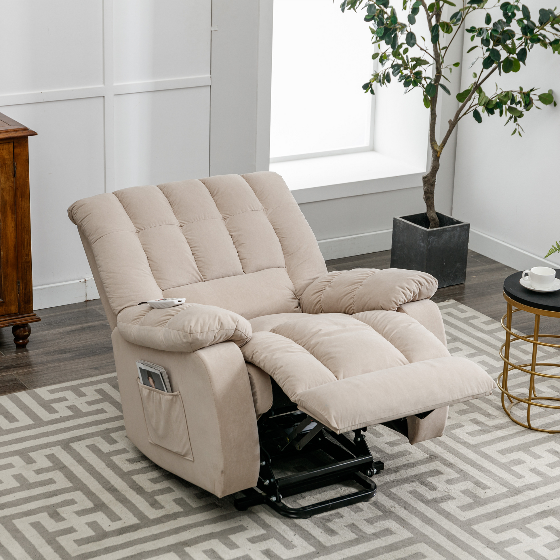 Massage Recliner Chair Electric Power Lift Recliner Chairs With Heat, Vibration, Side Pocket For Living Room Bedroom, Beige Beige Velvet