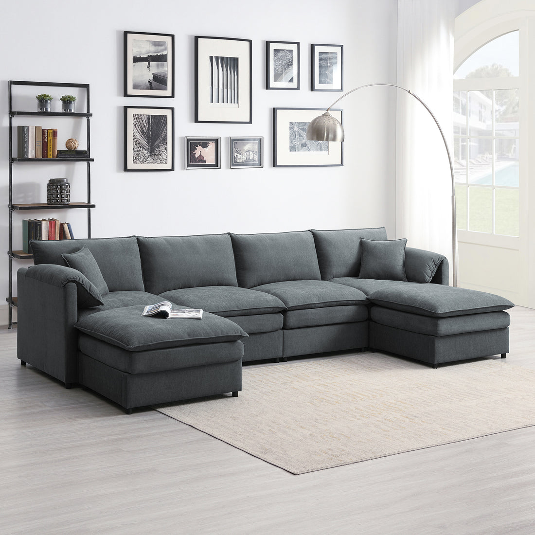 134*66" Chenille Modular Sectional Sofa,U Shaped Cloud Couch Set With Double Cushions ,6 Seat Sleeper Sofa Bed With Ottomans,Oversized Indoor Furniture For Living Room, 3 Colors Dark Gray Chenille 6 Seat