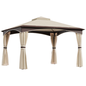 Outsunny 10' X 12' Outdoor Gazebo With Netting And Curtains, Patio Gazebo Canopy With 2 Tier Soft Top Roof And Steel Frame For Lawn, Garden, Backyard And Deck Beige Brown Steel