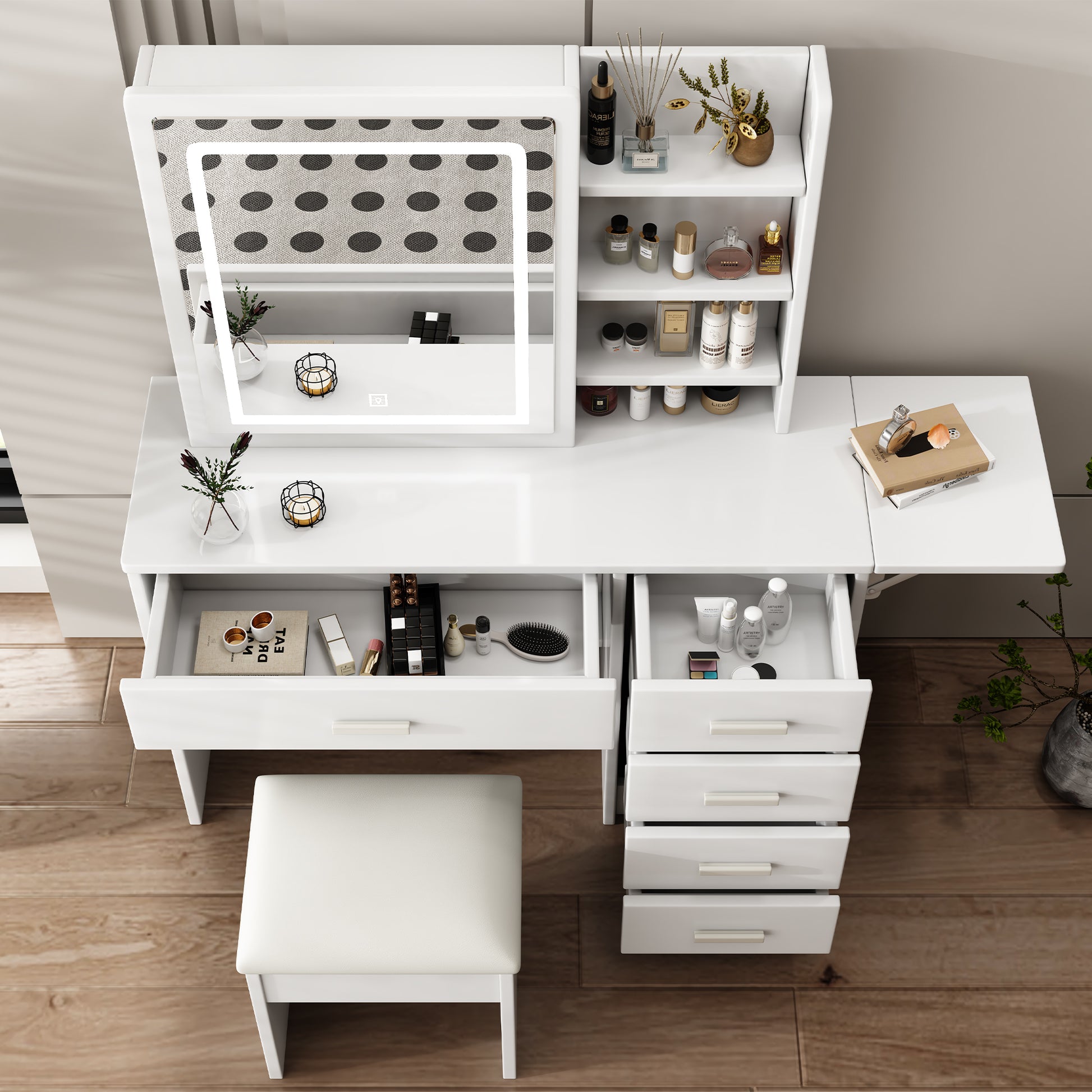 Fashion Vanity Desk With Mirror And Lights For Makeup With Open Shelves And Chair, Vanity Mirror With Lights And Table Set With 3 Color Lighting Brightness Adjustable, 5 Drawers, White Color White White 5 Drawers & Above Bedroom American Design White Mdf