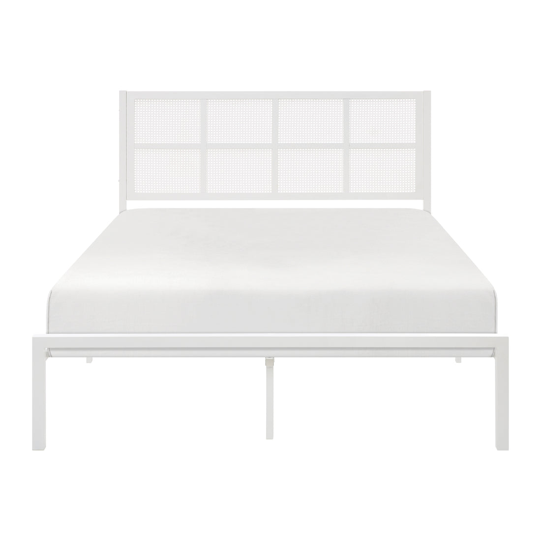 1Pc Queen Platform Bed, Metal Frame White Finish Faux Cane Panel Headboard Casual Coastal Bedroom Furniture, Bed In A Box Box Spring Not Required Queen White Metal Bedroom Casual,Coastal Metal