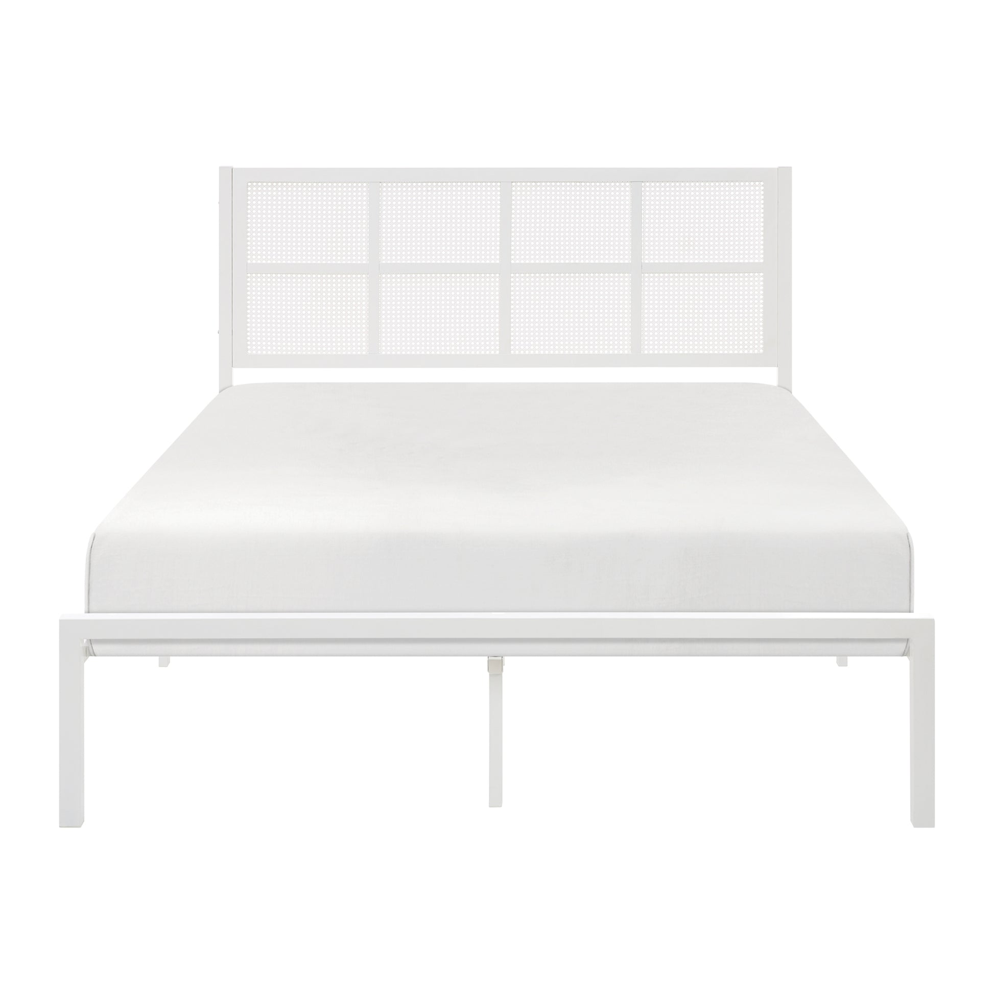 1Pc Eastern King Platform Bed, Metal Frame White Finish Faux Cane Panel Headboard Casual Coastal Bedroom Furniture, Bed In A Box Box Spring Not Required King White Metal Bedroom Casual,Coastal Metal