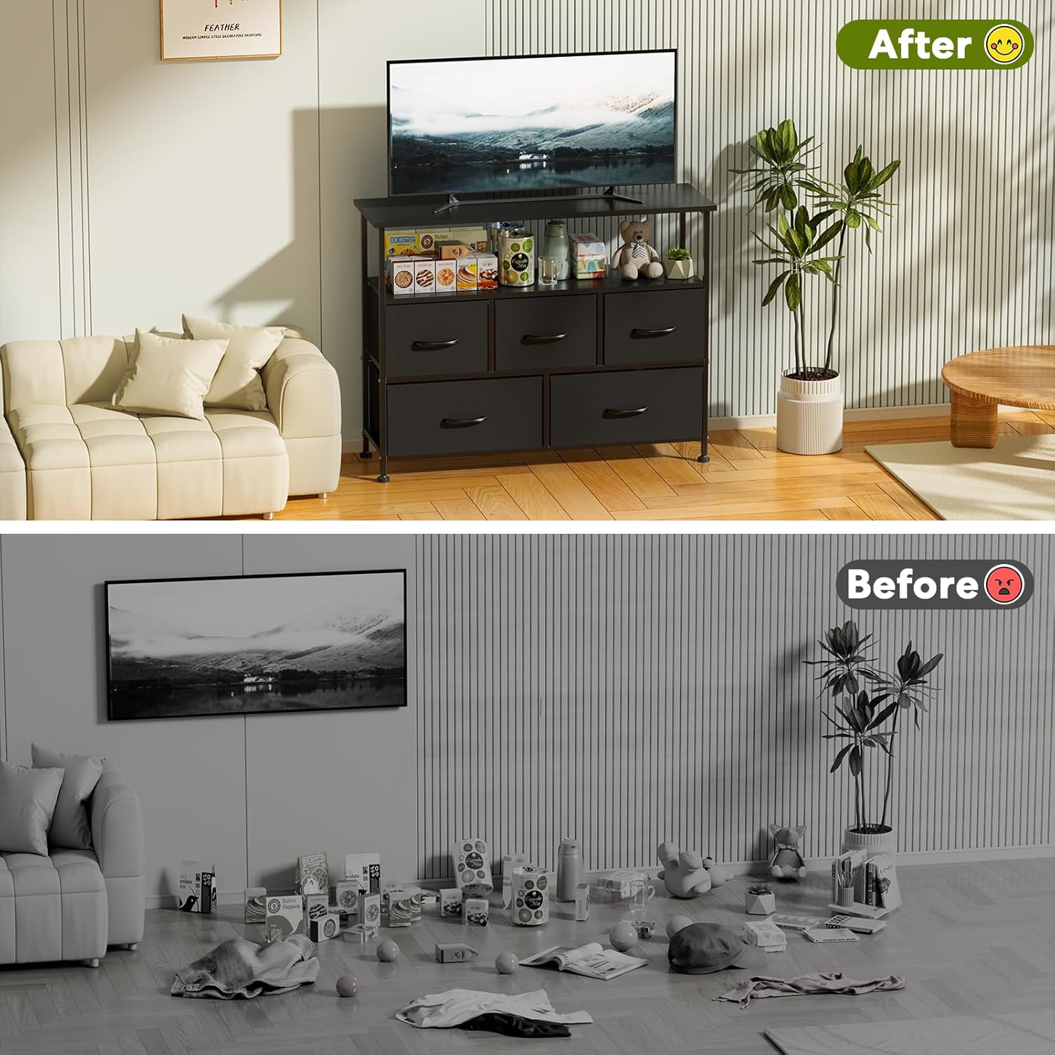 Tv Stand Dresser For Bedroom Entertainment Center With 5 Fabric Drawers, Storage Organizers Units For Living Room, Media Console Table With Open Shelf Up For 45" Tv, Black, Wood Top Black 39 Inches