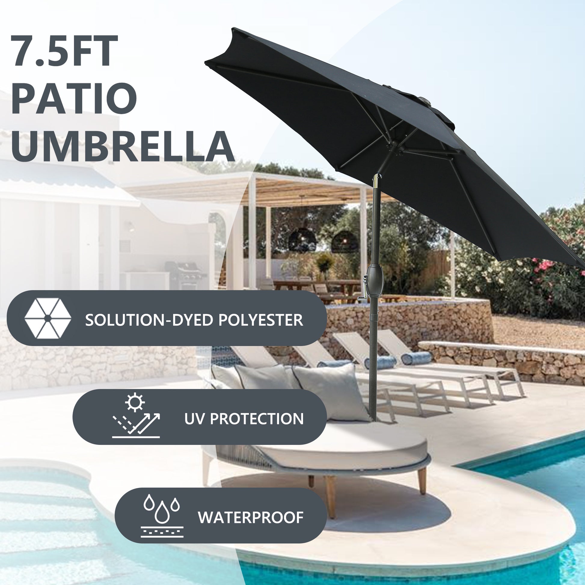 7.5Ft * 7.5Ft Patio Umbrella With Crank And Push Button Tilt, Outdoor Table Market Umbrella With Aluminum Pole Black Black Polyester