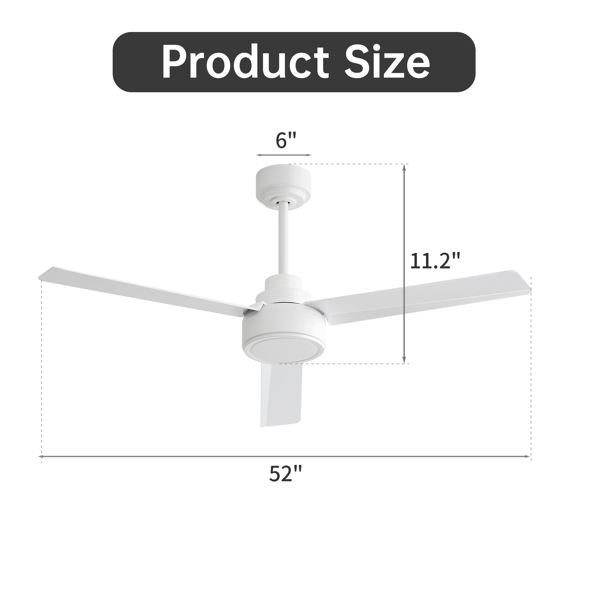 52" Ceiling Fan Without Light, 3 Abs Blades Farmhouse Ceiling Fan With Remote Control 6 Speed Reversible Dc Motor White For Living Room, Bedroom, Kitchen White Abs