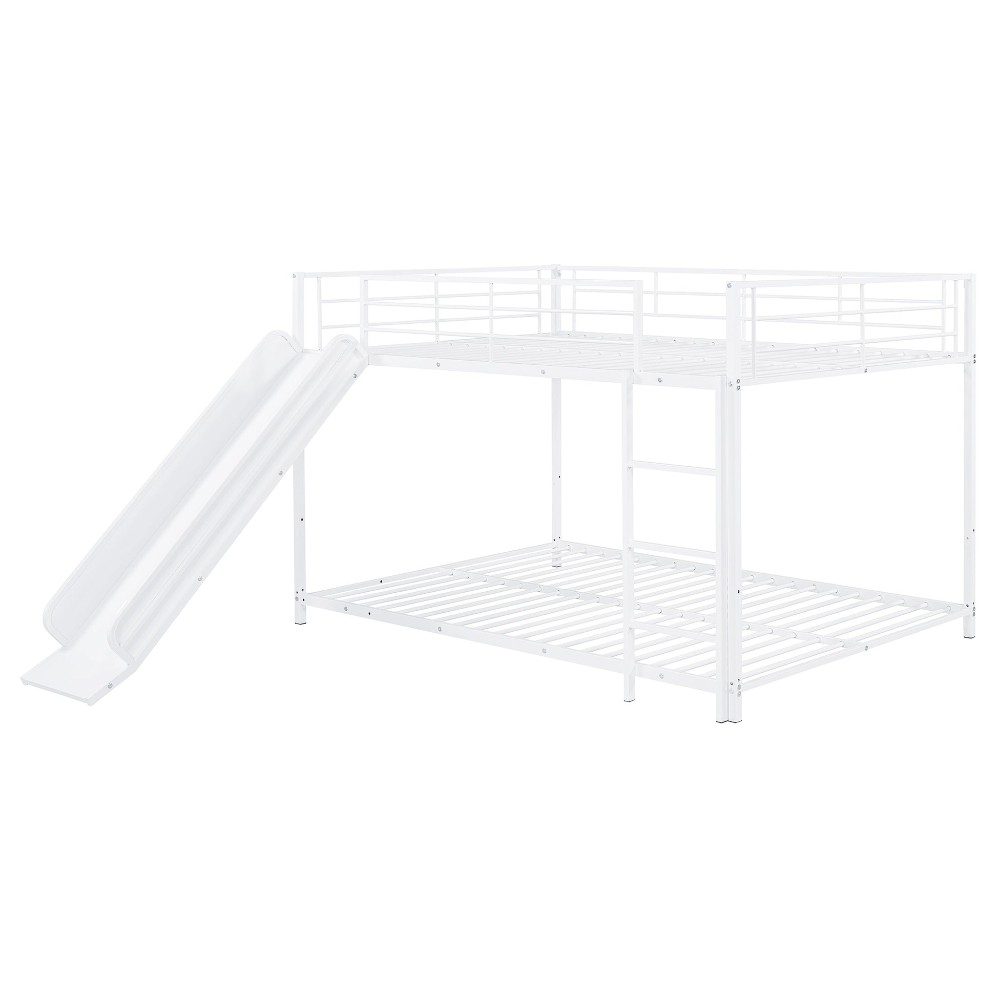 Full Over Full Size Metal Bunk Bed With Slide And Guardrails, White Full White Metal