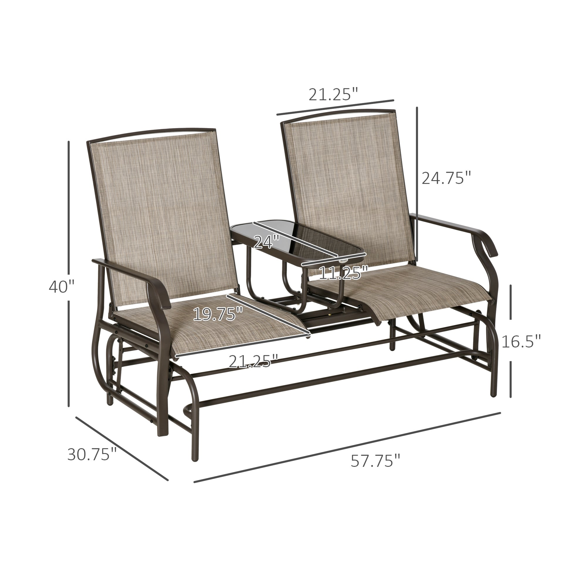 Outsunny Outdoor Glider Bench With Center Table, Metal Frame Patio Loveseat Withmesh Fabric And Armrests For Backyard Garden Porch, Brown Brown Steel