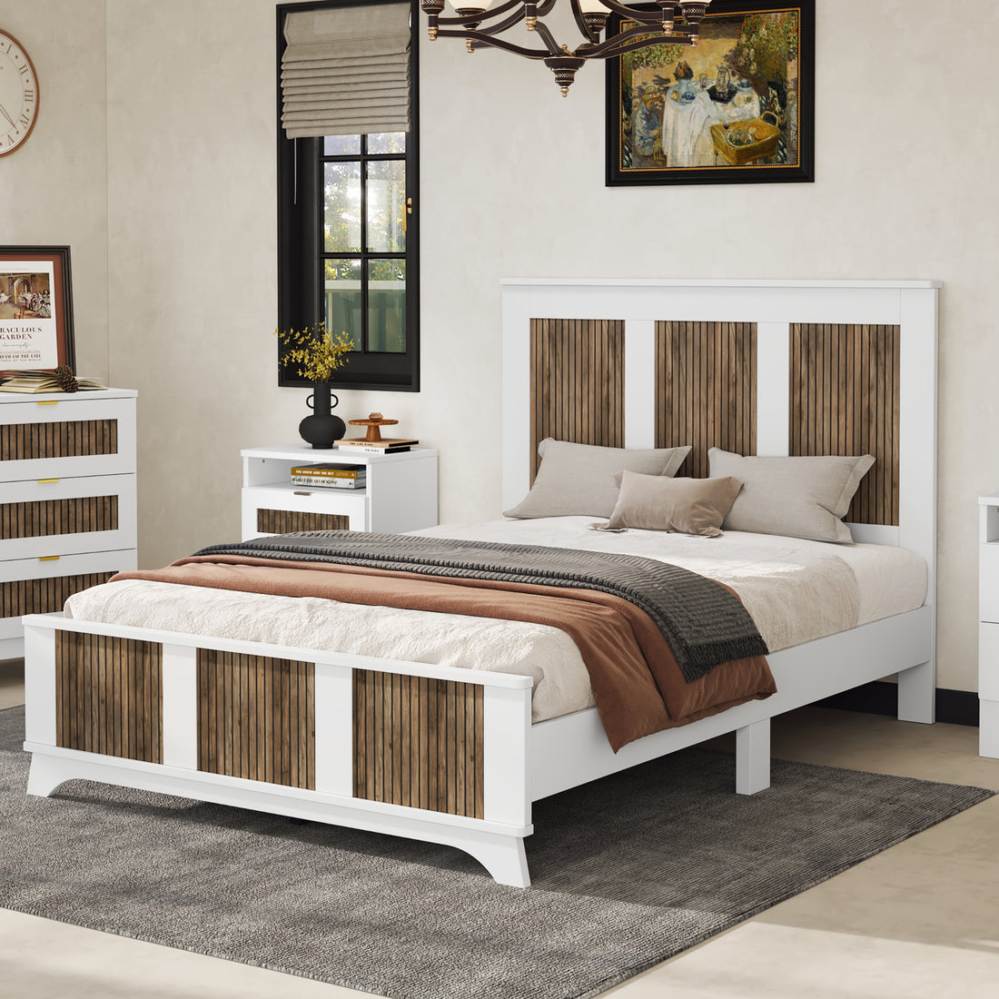 Farmhouse Wooden Platform Full Size Bed, Modern Platform Bed With Wooden Strip Decoration, Plywood Slats Support, White Full White Particle Board