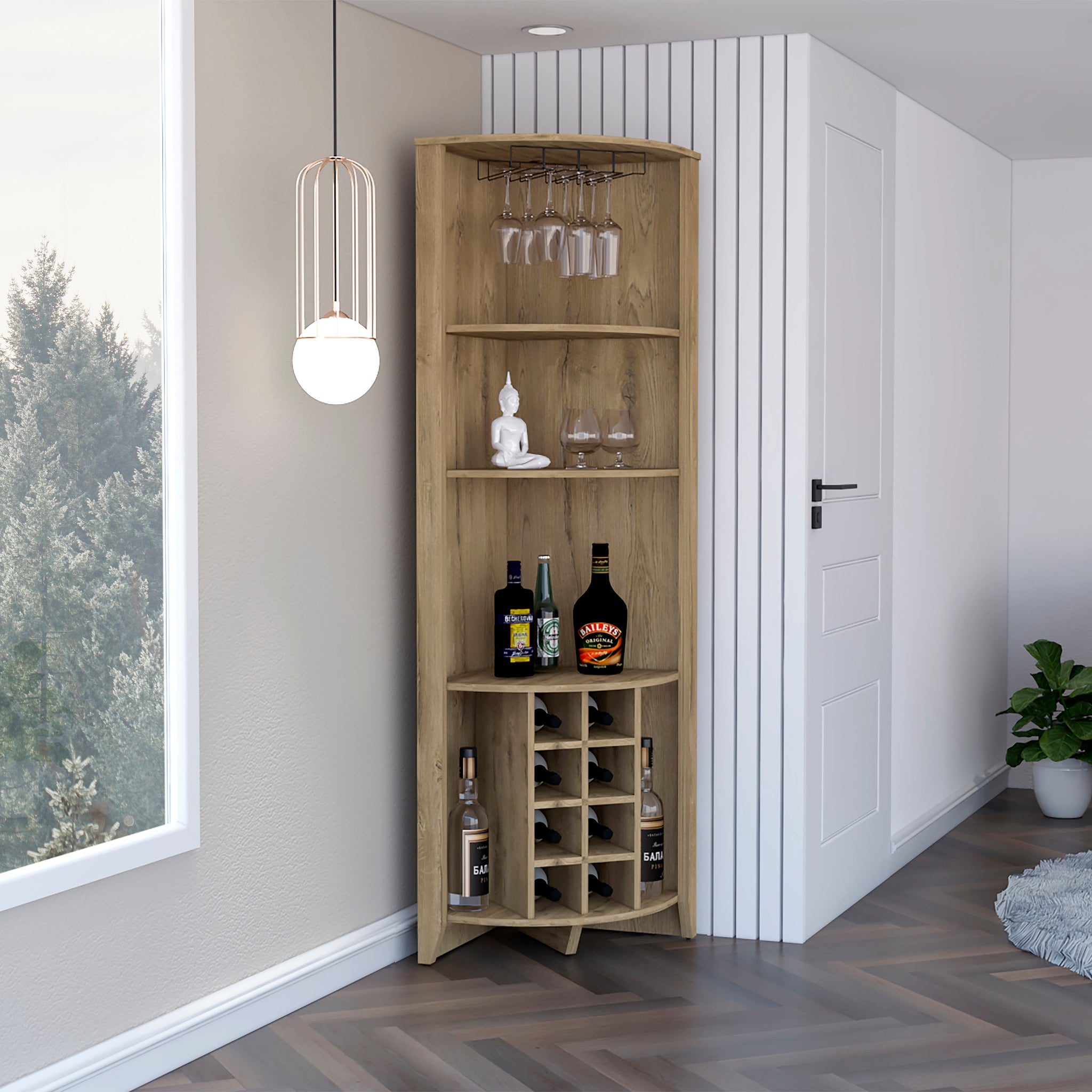 Essential Corner Bar Cabinetthree Shelves, Eight Built In Wine Rack, Two Side Shelves Beige Primary Living Space Modern Shelves Included Particle Board