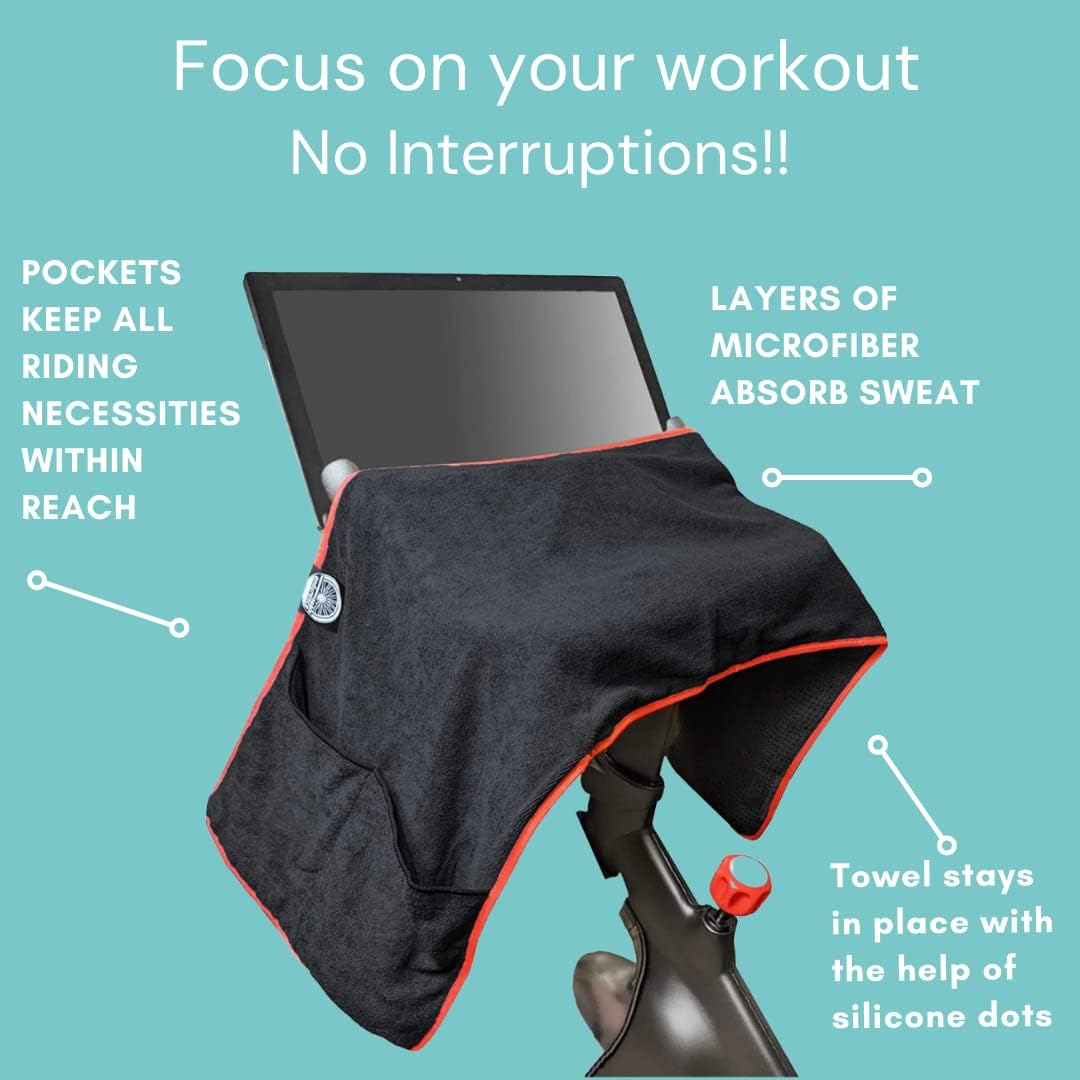 Sweat Protection Towel, Handlebar Sweat Towel For Peloton, Echelon Bike, Bike Trainer Stand, Indoor Cycling Workout Towel With 4 Pocket For Water Bottle Or Phone Holder Black Polyester