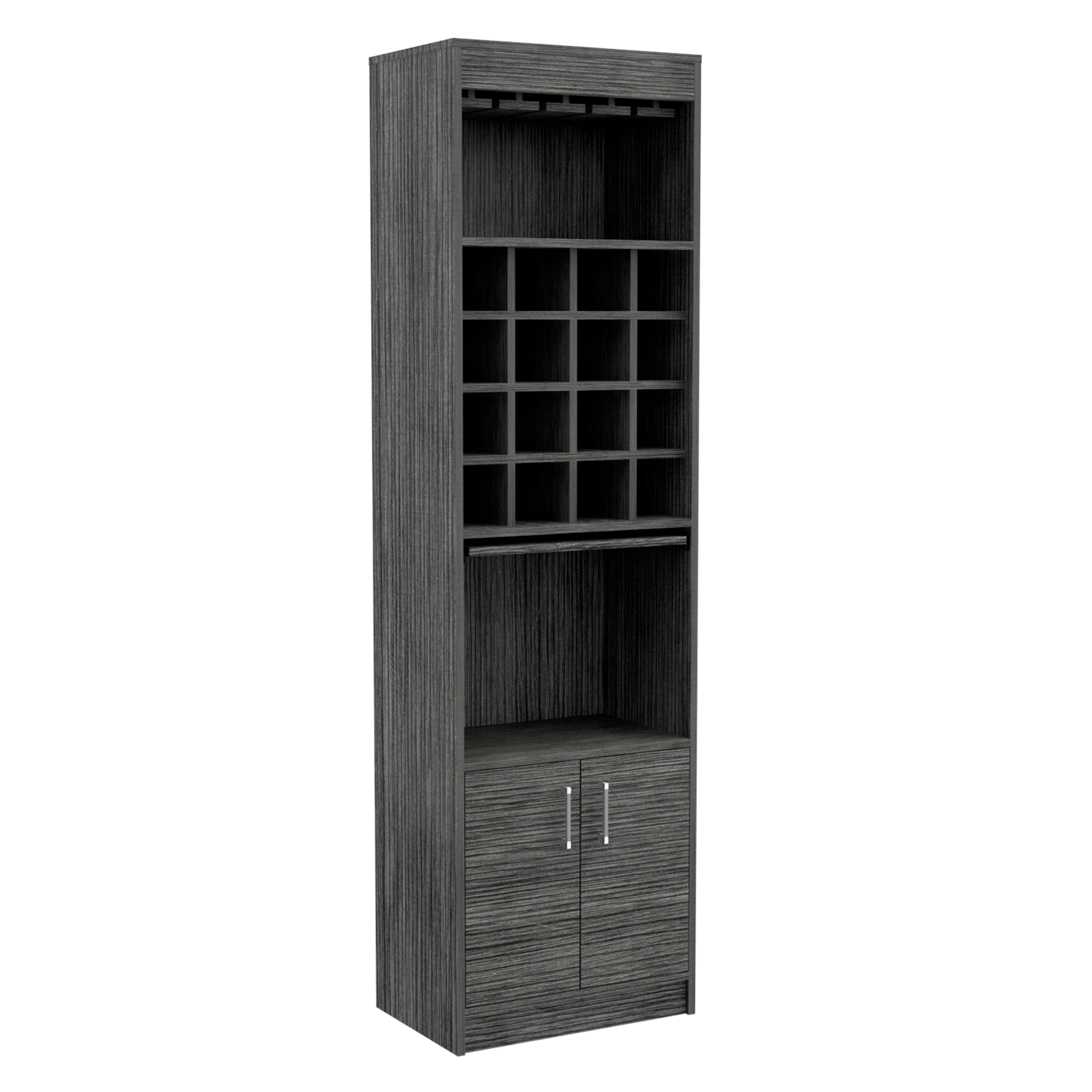 Kava Bar Cabinet, Concealable Serving Tray, Sixteen Built In Wine Rack, One Shelf, Double Door Smokey Oak Gray Dining Room Modern Particle Board Particle Board