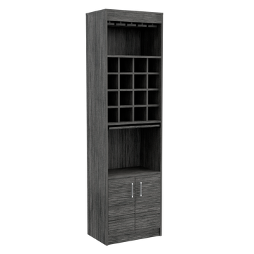 Kava Bar Cabinet, Concealable Serving Tray, Sixteen Built In Wine Rack, One Shelf, Double Door Smokey Oak Gray Dining Room Modern Particle Board Particle Board