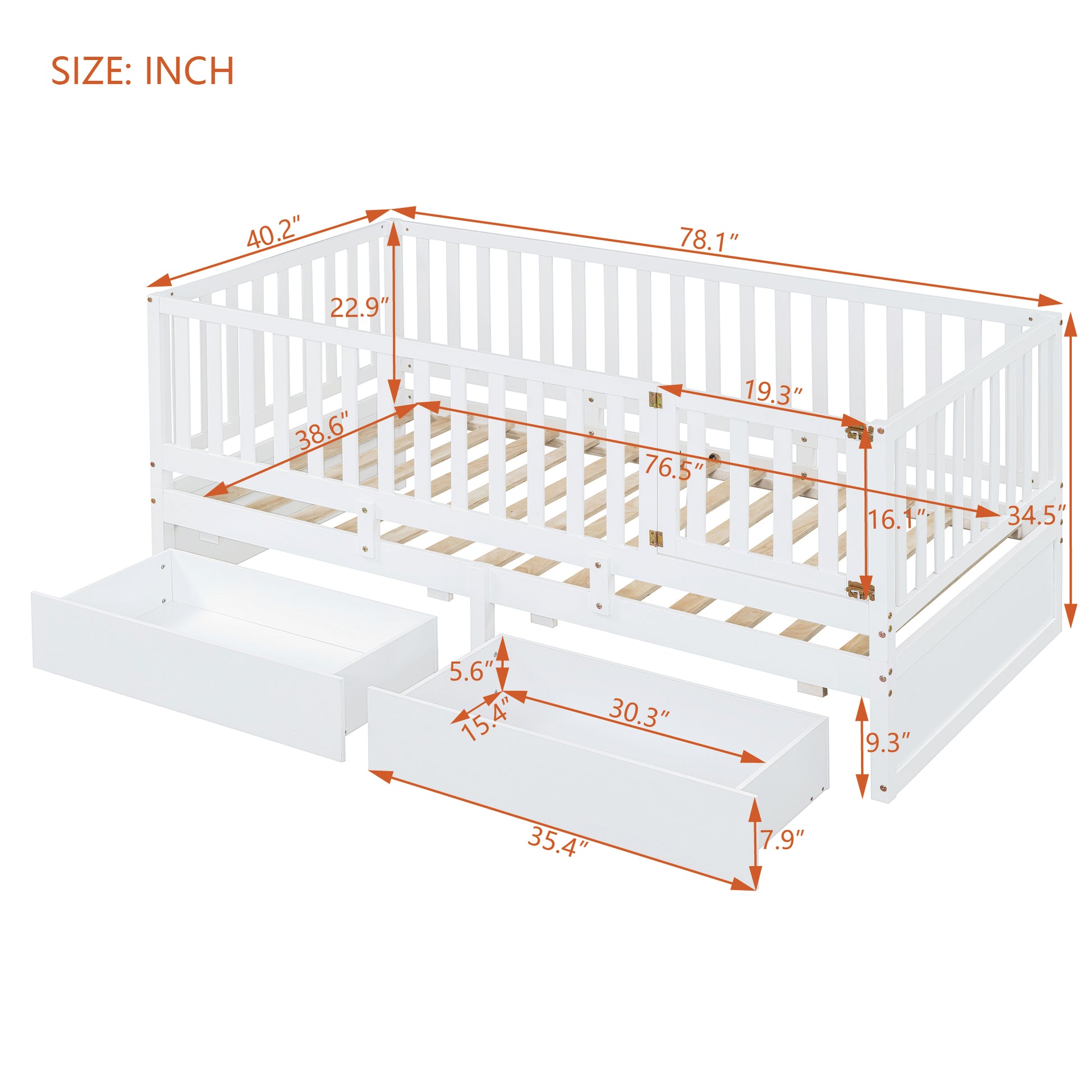 Twin Size Wood Daybed With Fence Guardrails And 2 Drawers, Split Into Independent Floor Bed & Daybed, White Old Sku :Lp000881Aak Twin White Solid Wood Mdf