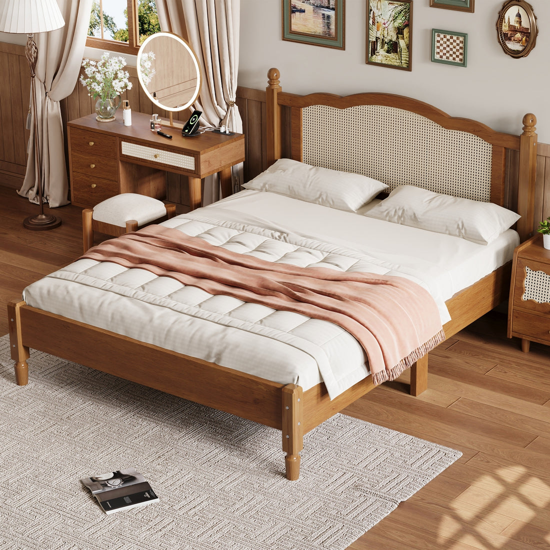 Queen Size Wooden Platform Bed With Natural Rattan Headboard, Vintage Bed Frame With Wooden Slat Support, Walnut Expected Arrival Time: 08.23 Box Spring Not Required Queen Walnut Wood