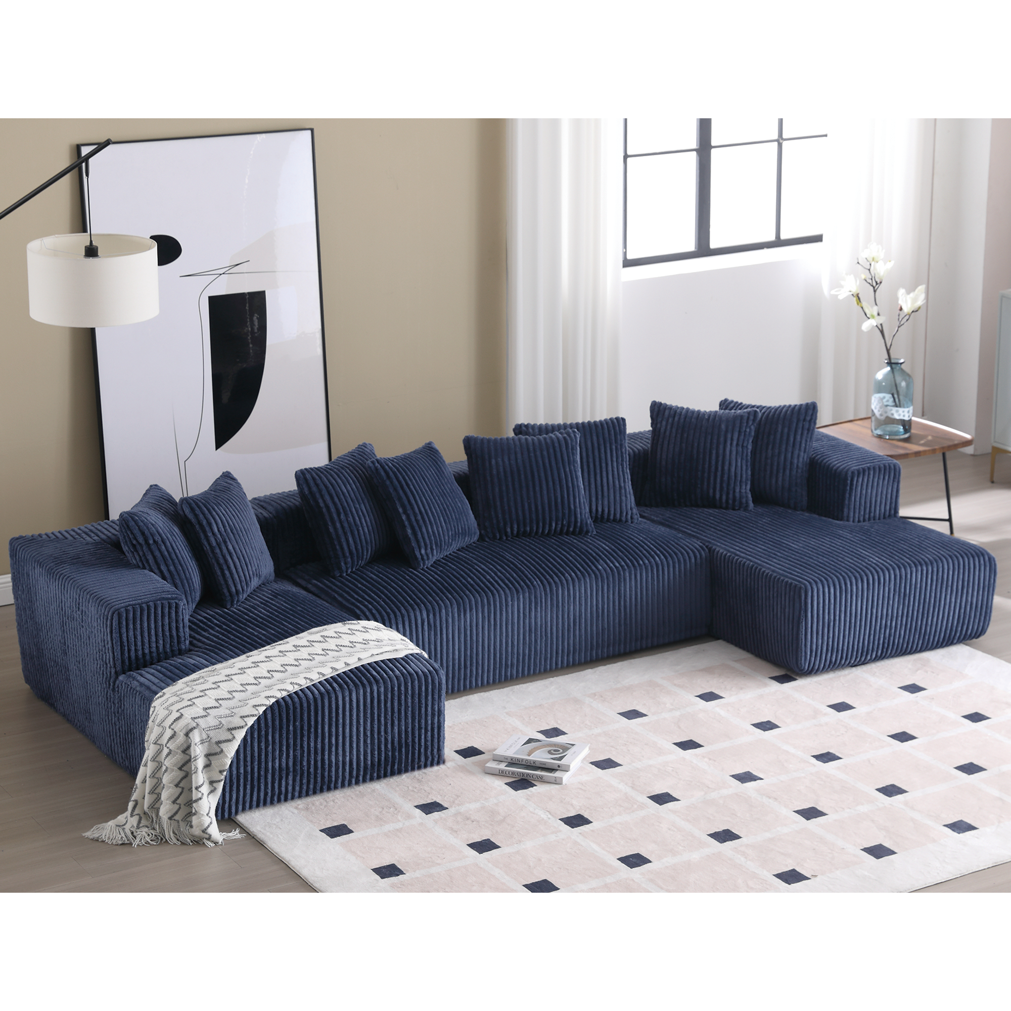 131'' Modular Sectional Couch, U Shaped Sofachaise Lounge, Striped Fabric,Upholstered 4 Seater Couch For Living Room, Bedroom, Free Combination Sofa Corduroy , Blue Blue Polyester Primary Living