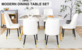 Table And Chair Set.Modern Minimalist Dining Table. White Imitation Marble Pattern Sintered Stone Desktop With Golden Metal Legs.Paried With 6 Comfortable Chairs With Pu Seats And Black Metal Legs.