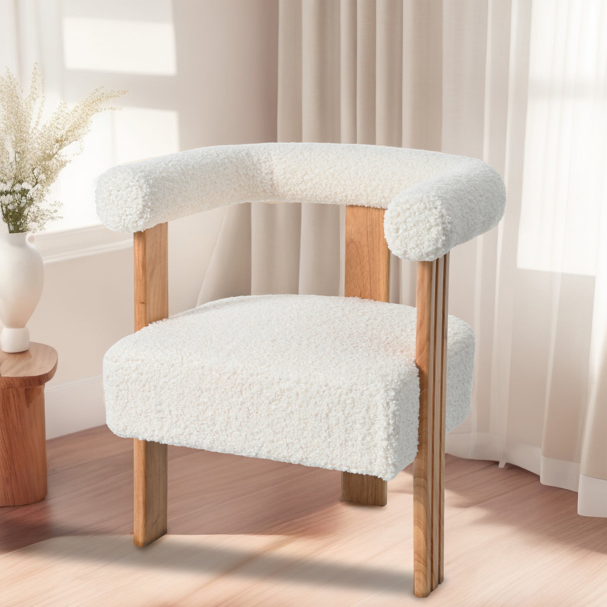 Mid Century Modern Barrel Accent Chair, Upholstered Kitchen & Dining Room Chairs With Arms, Teddy Velvet Boucle Accent Chairs Side Chairs For Kitchen Living Room Bedroom, White White Teddy