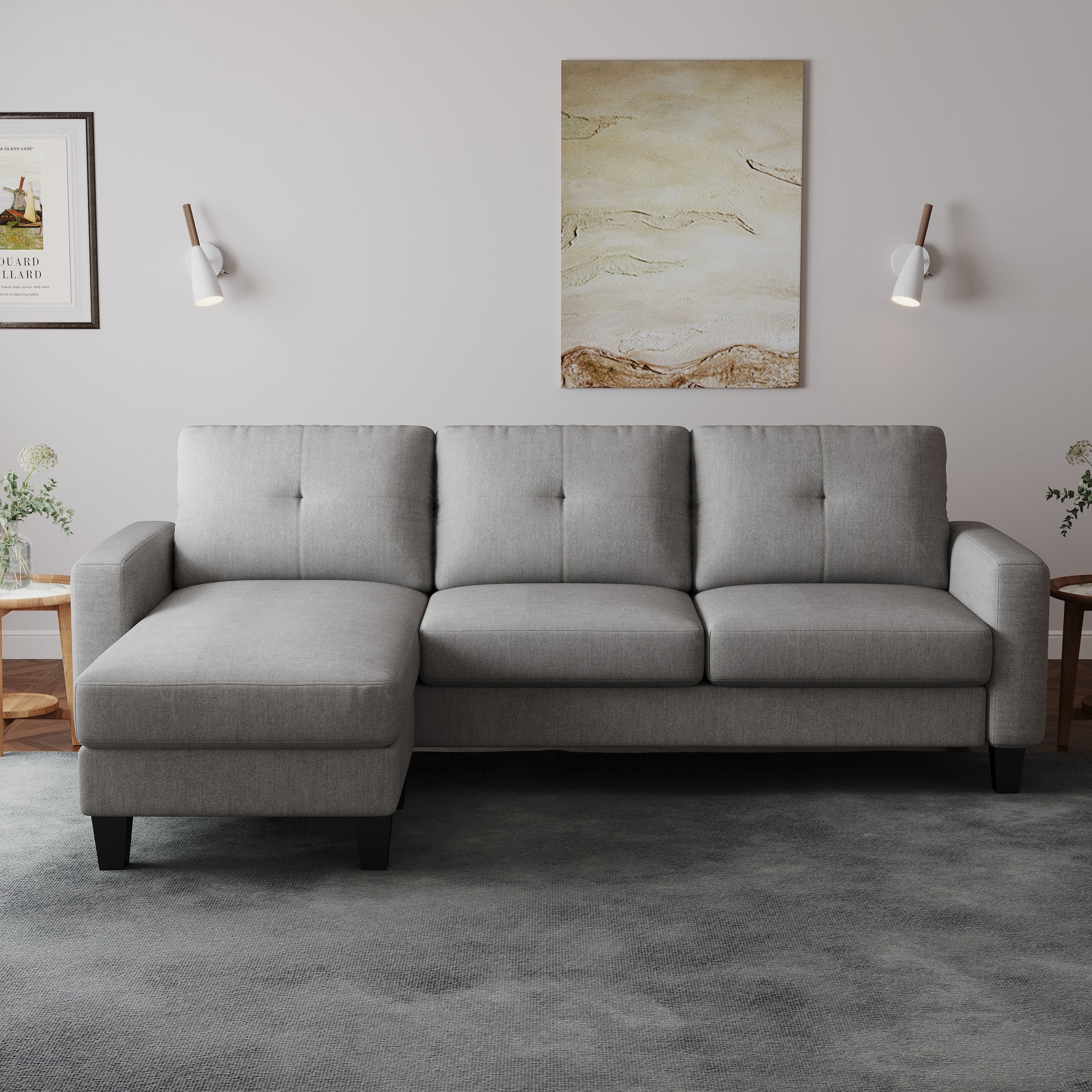 Living Room Furniture With Polyestr Fabric L Shape Couch Corner Sofa For Small Space Grey Grey Foam Polyester 3 Seat