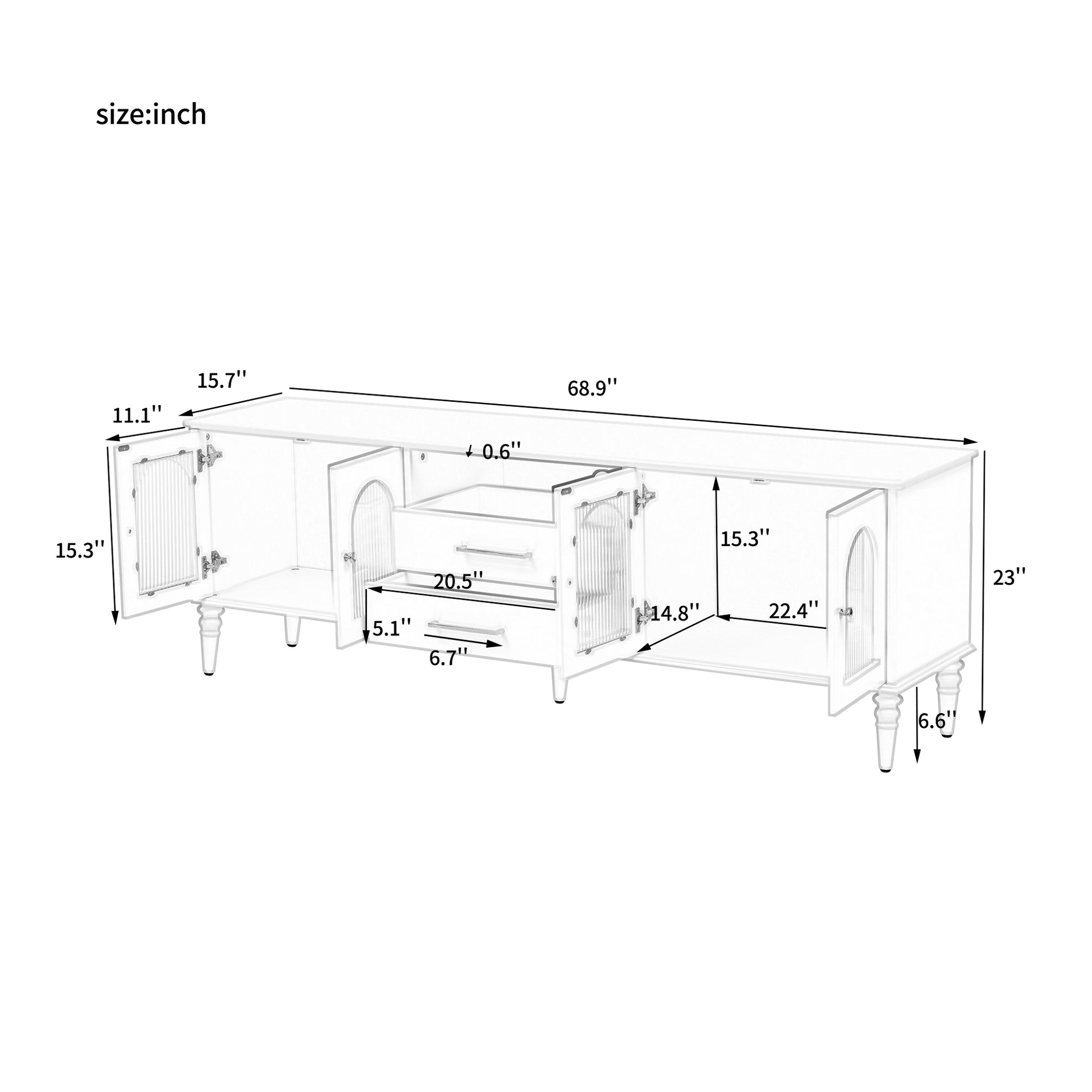 68.9'' Retro Tv Stand For Tvs Up To 75 Inches, Entertainment Center Media Console With Fluted Glass Doors And Five Solid Wood Legs For Living Room White 70 79 Inches Mdf