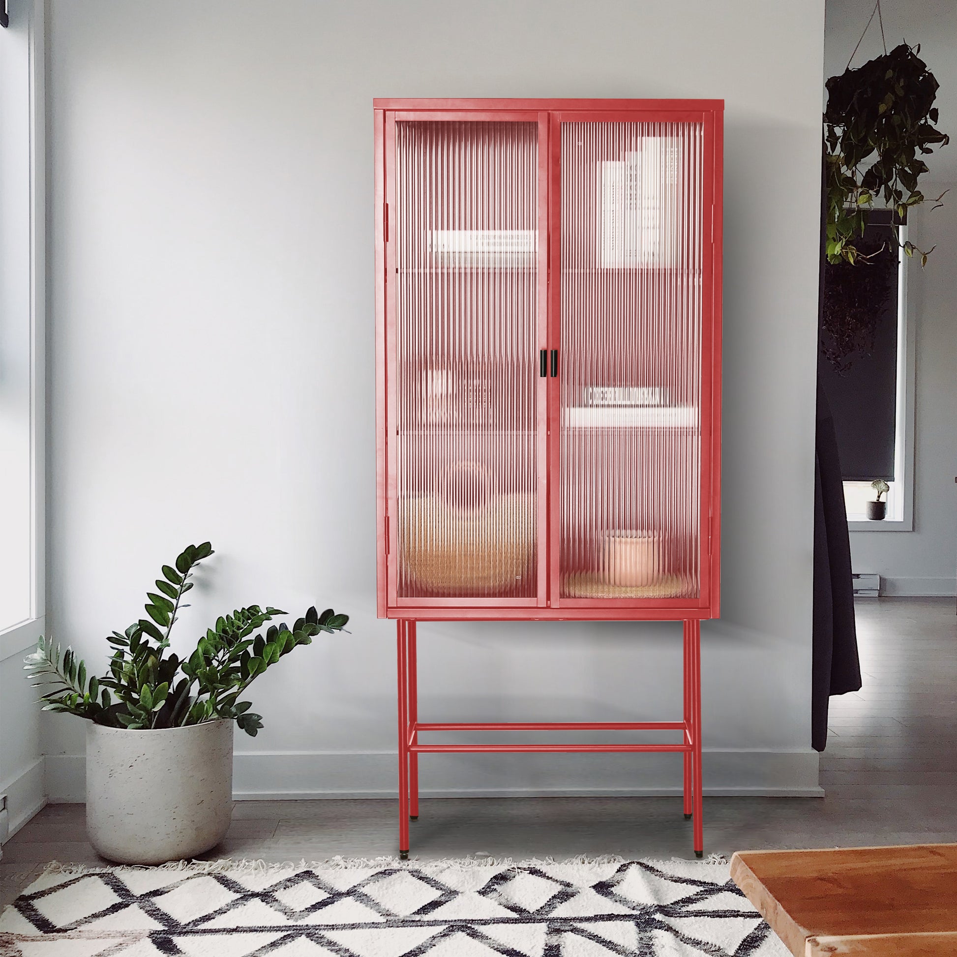 Retro Style Red Tall Freestanding Display Cupboard Stylish Fluted Glass Storage Cabinet With Glass Doors Three Detachable Shelves Bottom Space For Office Dining Room Living Room Old Sku:W68751710 Red Steel