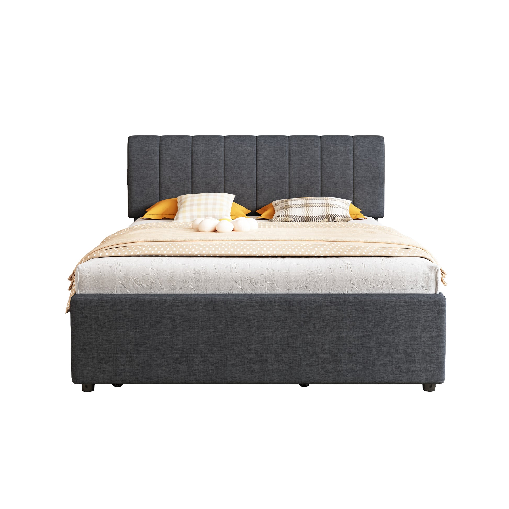 Full Size Upholstered Platform Bed With Twin Size Trundle And 1 Sets Of Usbwith Remote Control Intelligence Led Lights With App,Linen Fabric, Dark Grey Full Dark Gray Composite Linen Fabric