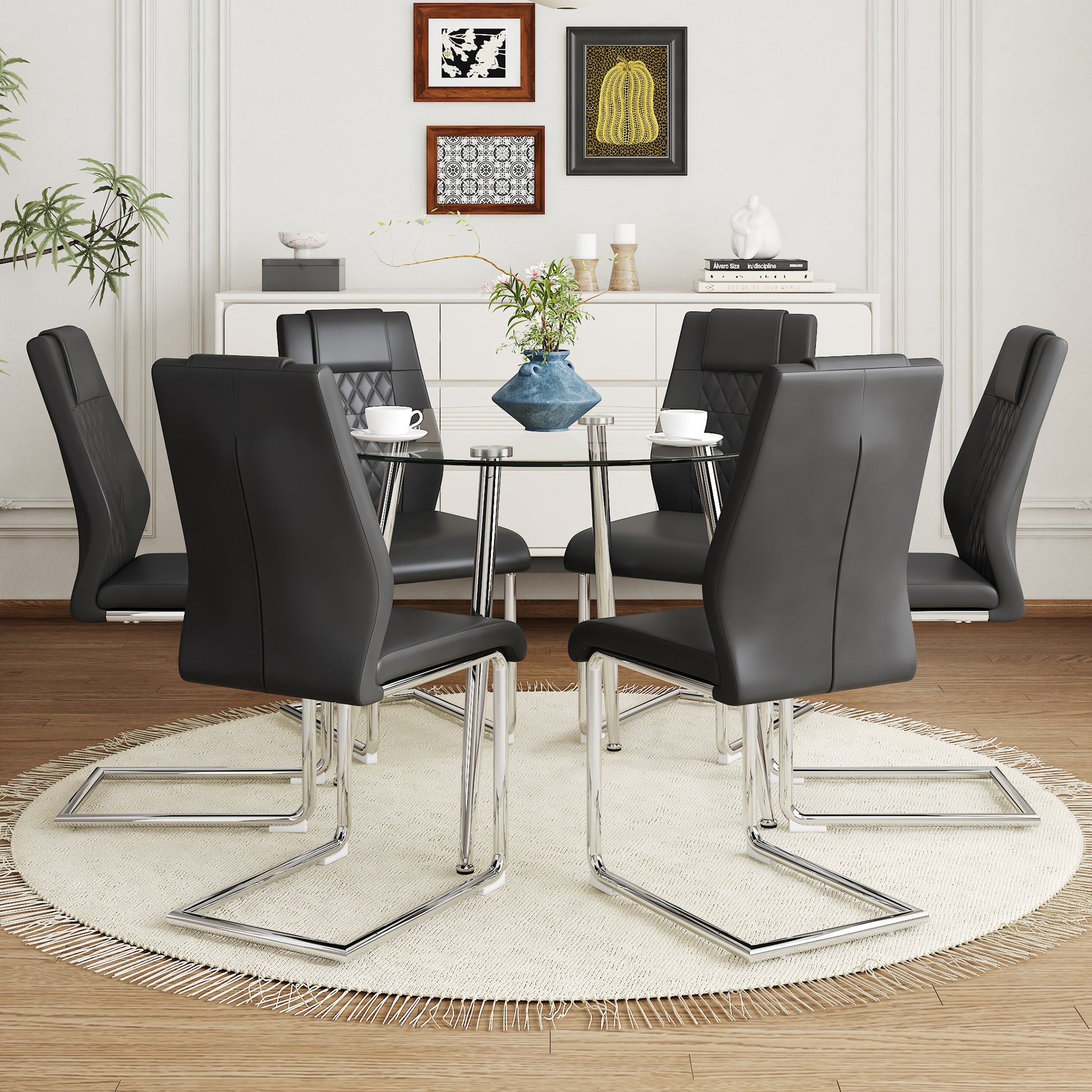 Table And Chair Set.A Modern Minimalist Round Dining Table With Transparent Tempered Glass Top And Silver Metal Legs,Paried With Chairs With Pu Backrest And Seat Cushion And Silver C Tube Metal Legs. Black,Transparent Seats 6 Glass Metal