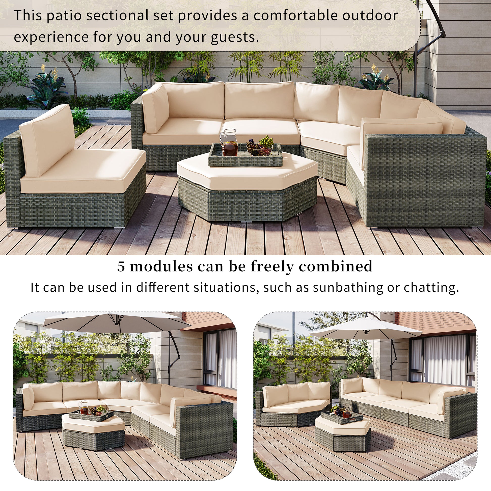 Patio Furniture Set, 6 Piece Outdoor Conversation Set All Weather Wicker Sectional Sofa With Ottoman And Cushions And Small Trays Beige Rattan