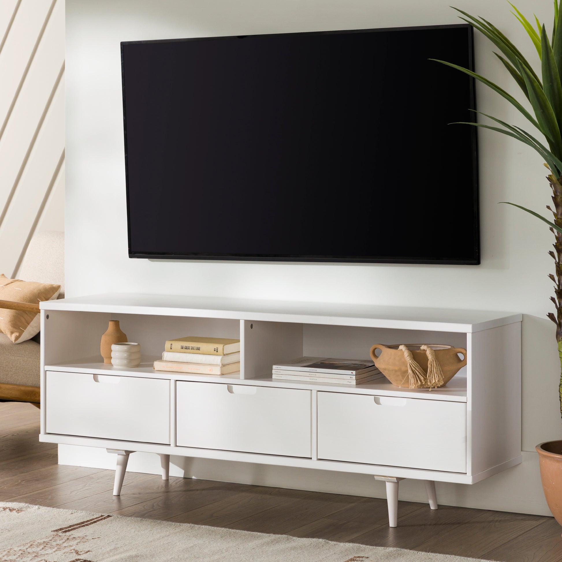 Mid Century Modern 3 Drawer Solid Wood Tv Stand For Tvs Up To 65" White White Pine