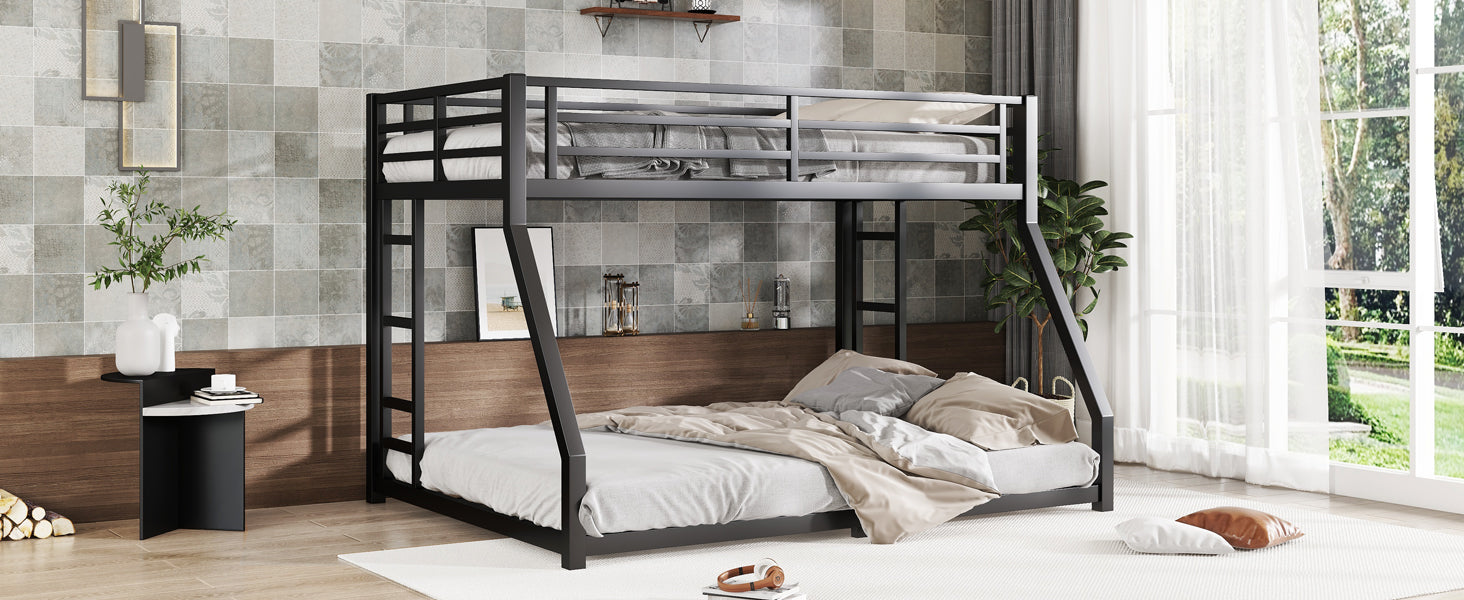Metal Full Xl Over Queen Bunk Bed For Teens And Adults, Noise Reduced No Box Spring Needed, Black Full Xl Black Metal