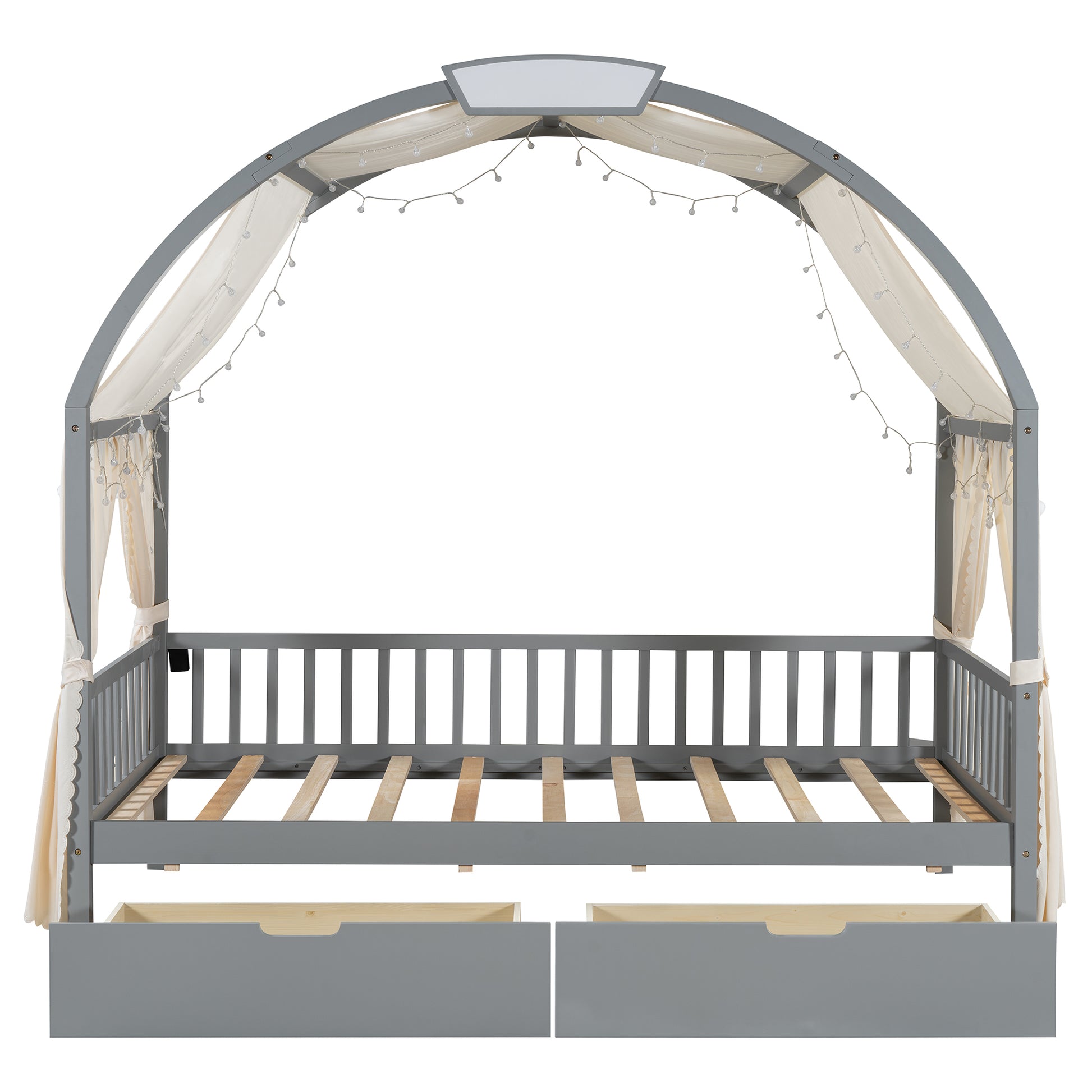 Twin Size Bed With Arched Roof And 2 Drawers, Gray Twin Gray Plywood