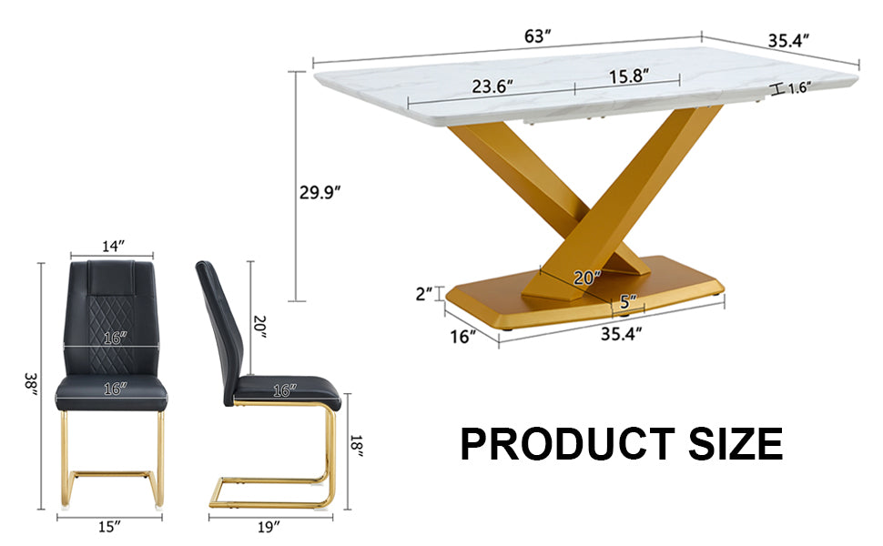 Table And Chair Set,Large Modern Minimalist Rectangular White Imitation Marble Dining Table With Mdf Top And Golden Legs,Dining Chairs,Gold Legged Upholstered Chairs Made Of Artificial Leather. Black Gold Seats 4 Mdf