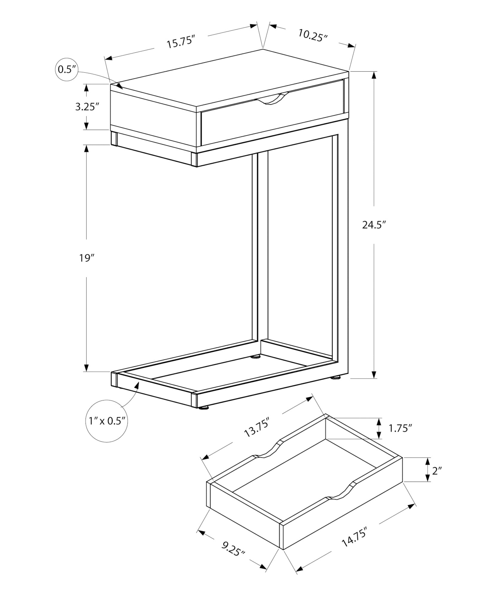 Accent Table, C Shaped, End, Side, Snack, Storage Drawer, Living Room, Bedroom, Brown Laminate, Gold Metal, Contemporary, Modern Espresso Particle Board